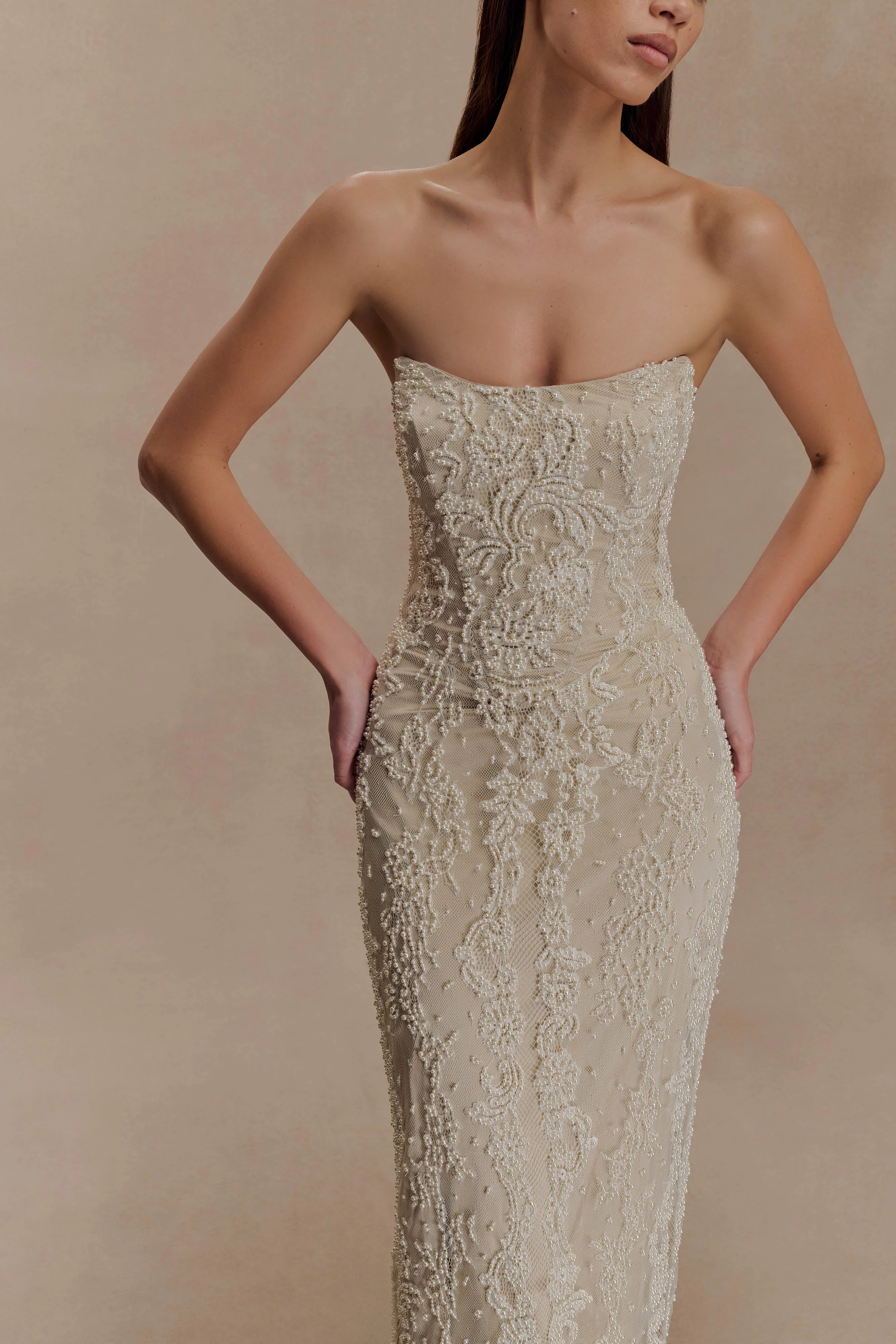 Eva Hand Beaded Pearl & Lace Maxi Dress - White