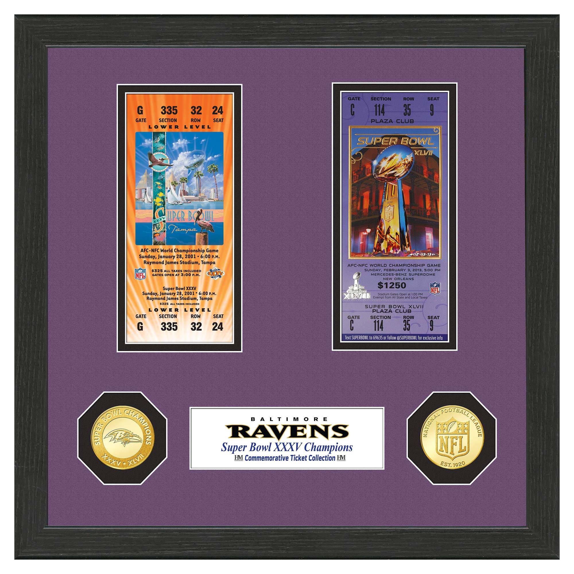 Baltimore Ravens Super Bowl Tickets Bronze Coins Framed NFL Photo