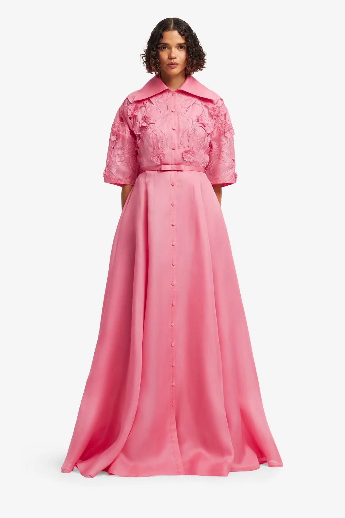 Junia Appliqué Puff Sleeve Silk Gown - Fuchsia