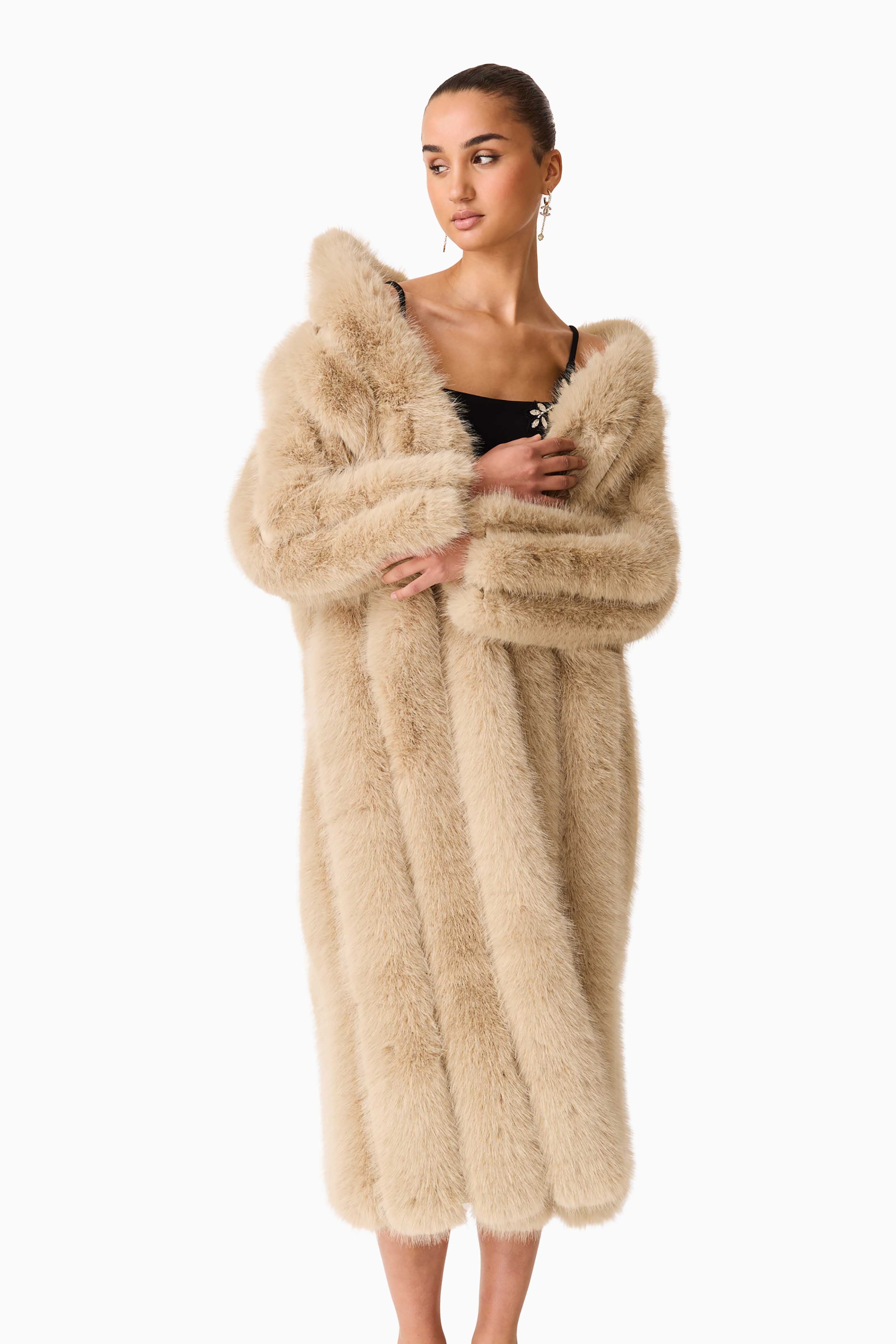 Faux Fur Maxi Coat in Beige