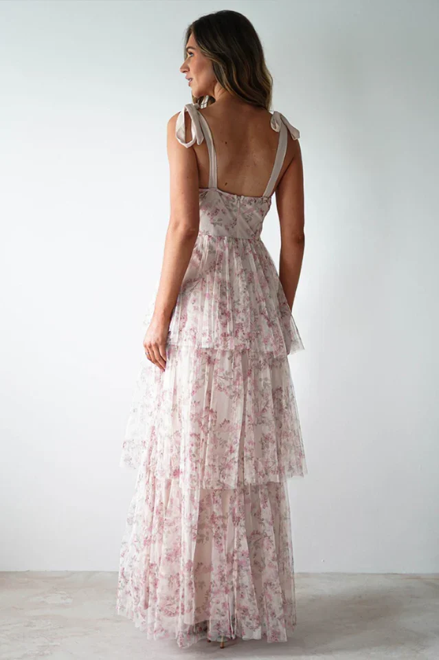 Tie Up Floral Print Tiered Maxi Dress
