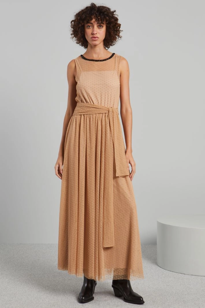 Long tulle plumetis dress - BEIGE