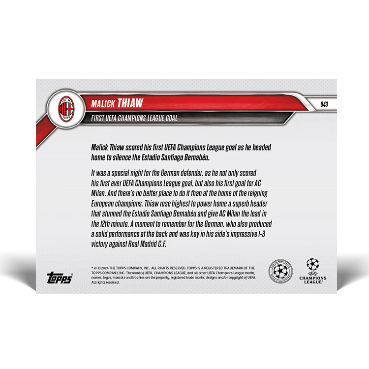 Malick Thiaw - First UEFA Champions League goal - 24/25 UCC Topps NOW® Card 43