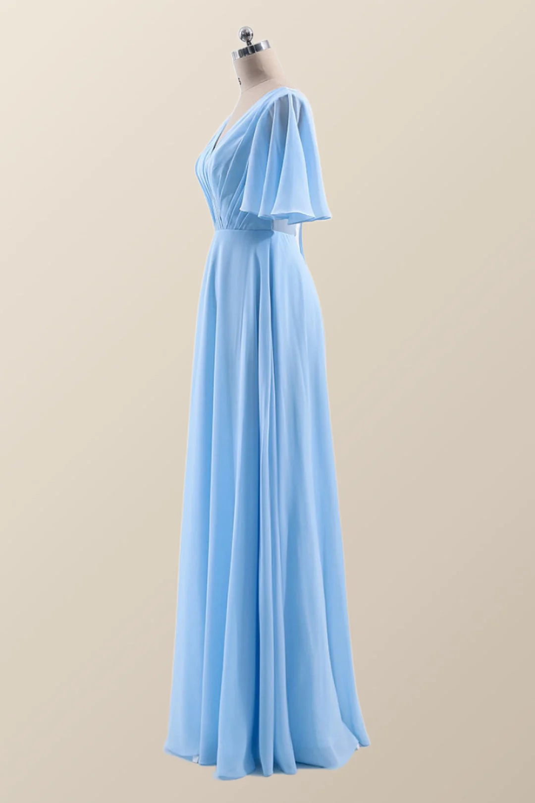 Flare Sleeves Blue Chiffon A-line Long Bridesmaid Dress