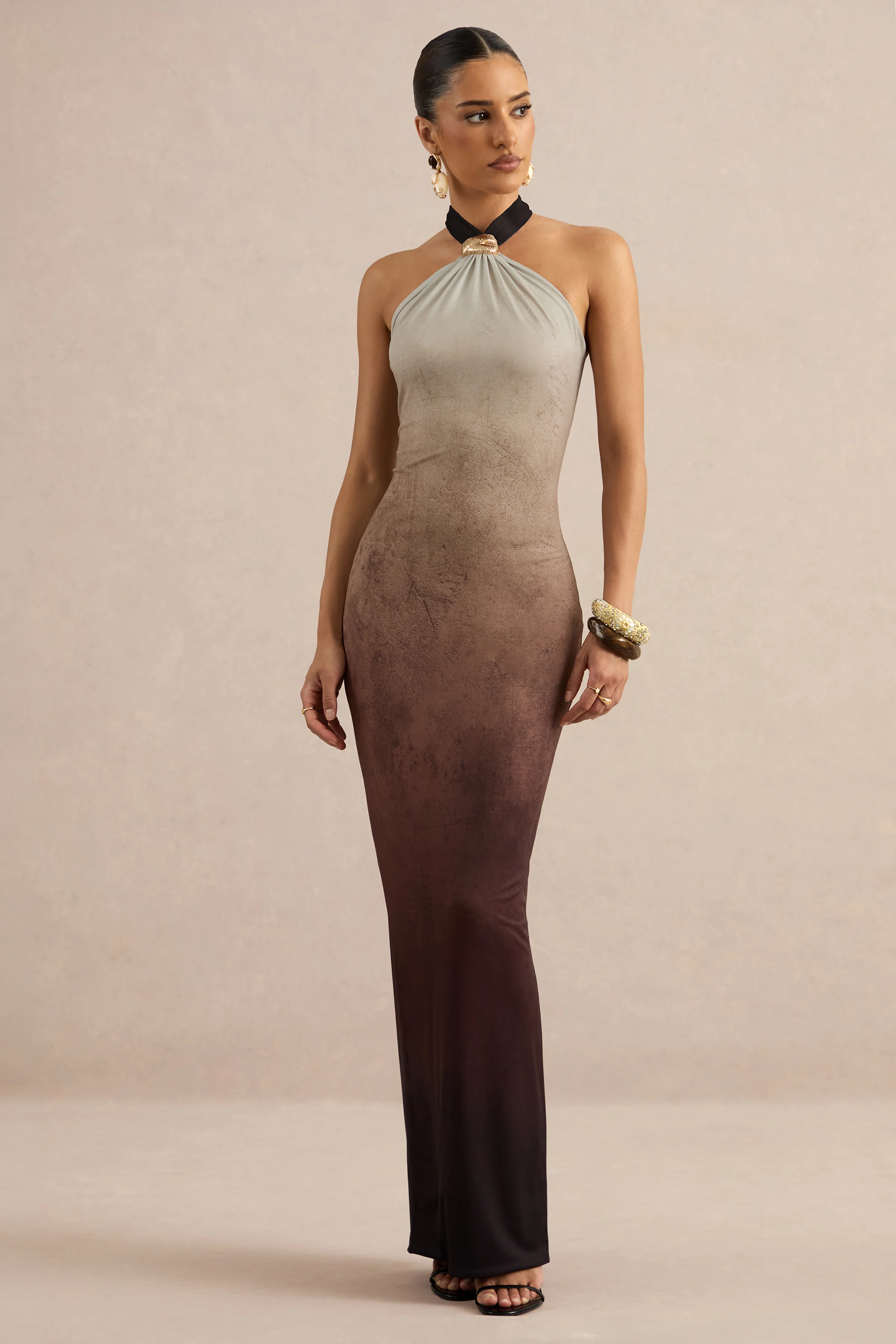 Thera | Brown Ombre Print Jersey Halter Maxi Dress With Gold Trim Detailing And Back Split