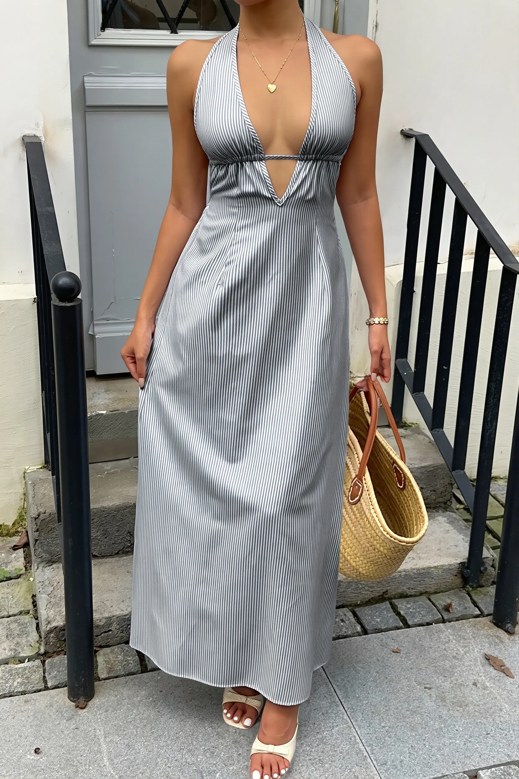 Sexy Stripe Halter Backless Lace Up Maxi Dress