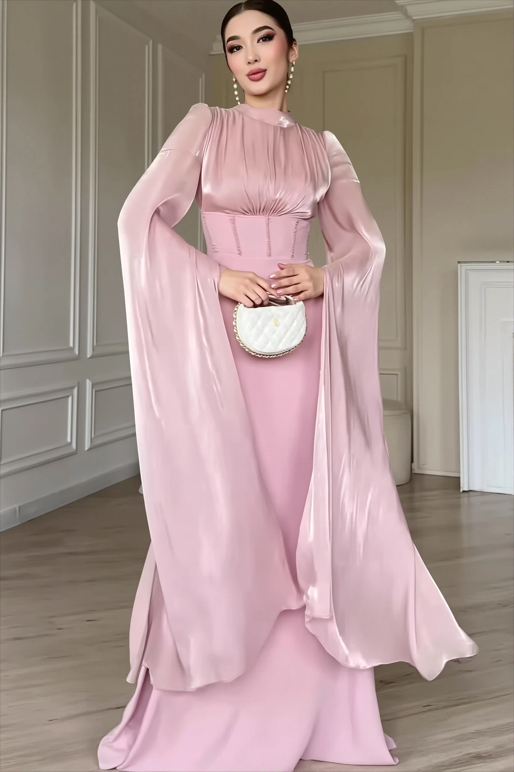 Glossy Flowy Sleeve Slim Maxi Dress