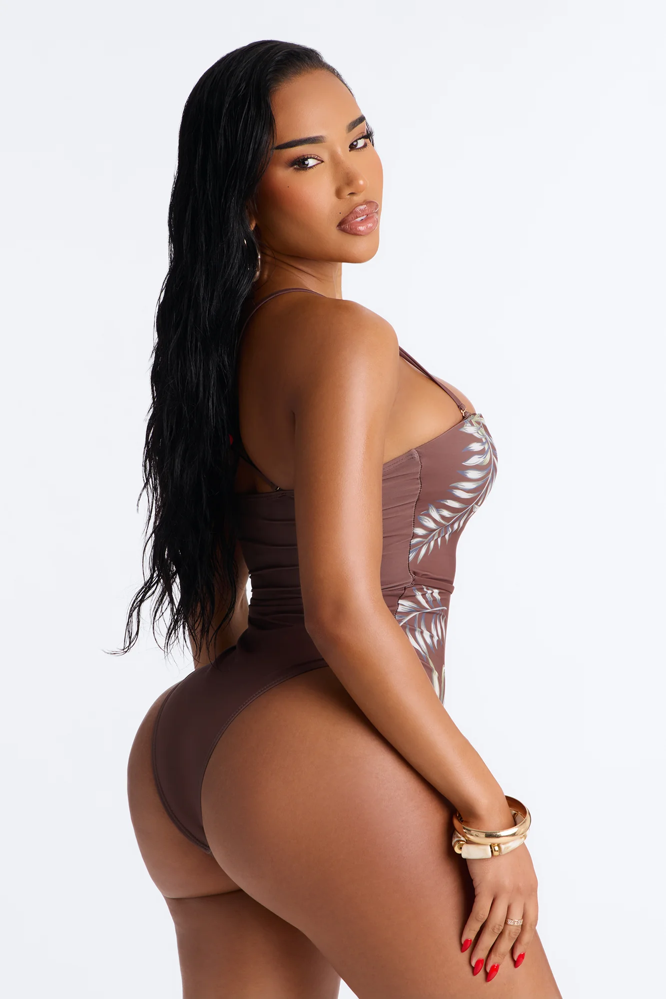 Tropic Like It's Hot 1 Piece Belted Strapless Swimsuit - Brown