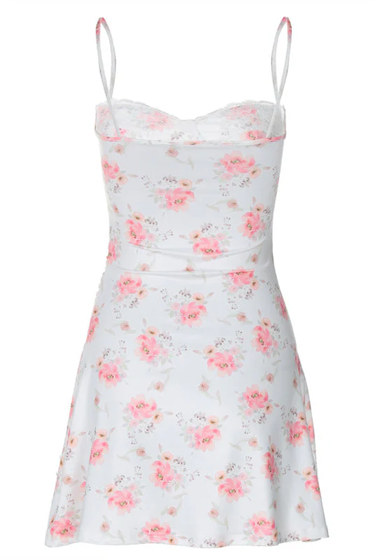 Straps White Floral Print Lace Stitching Short Dress