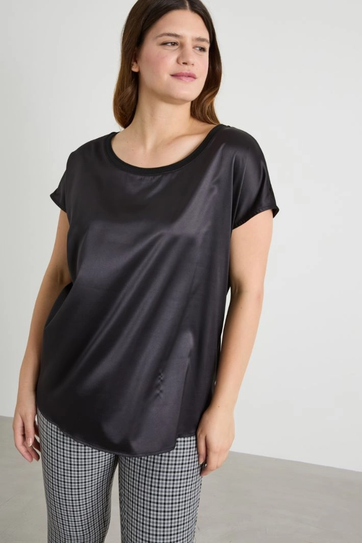 Satin and jersey T-shirt - BLACK