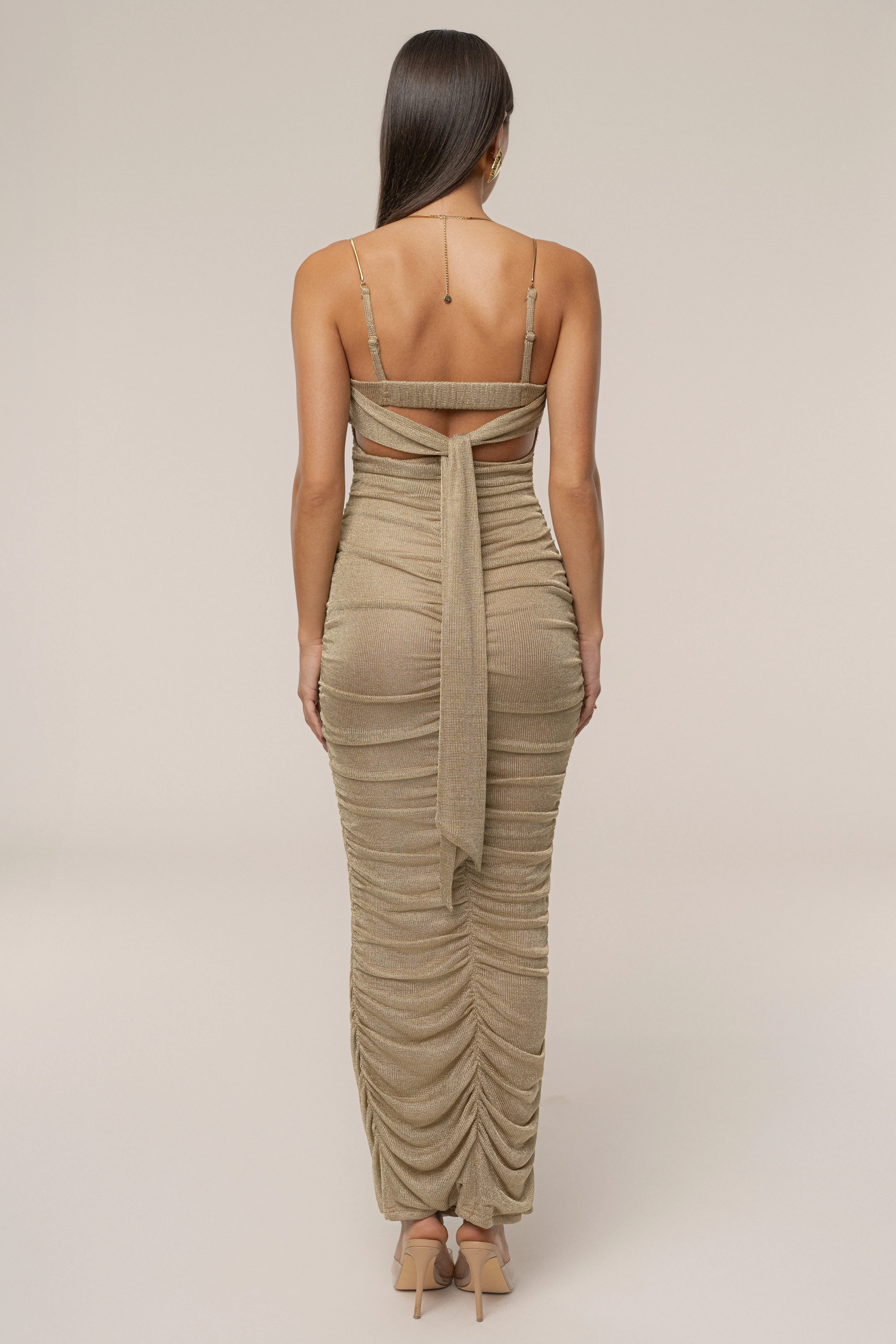 Gold Ruched Metallic Maxi Dress