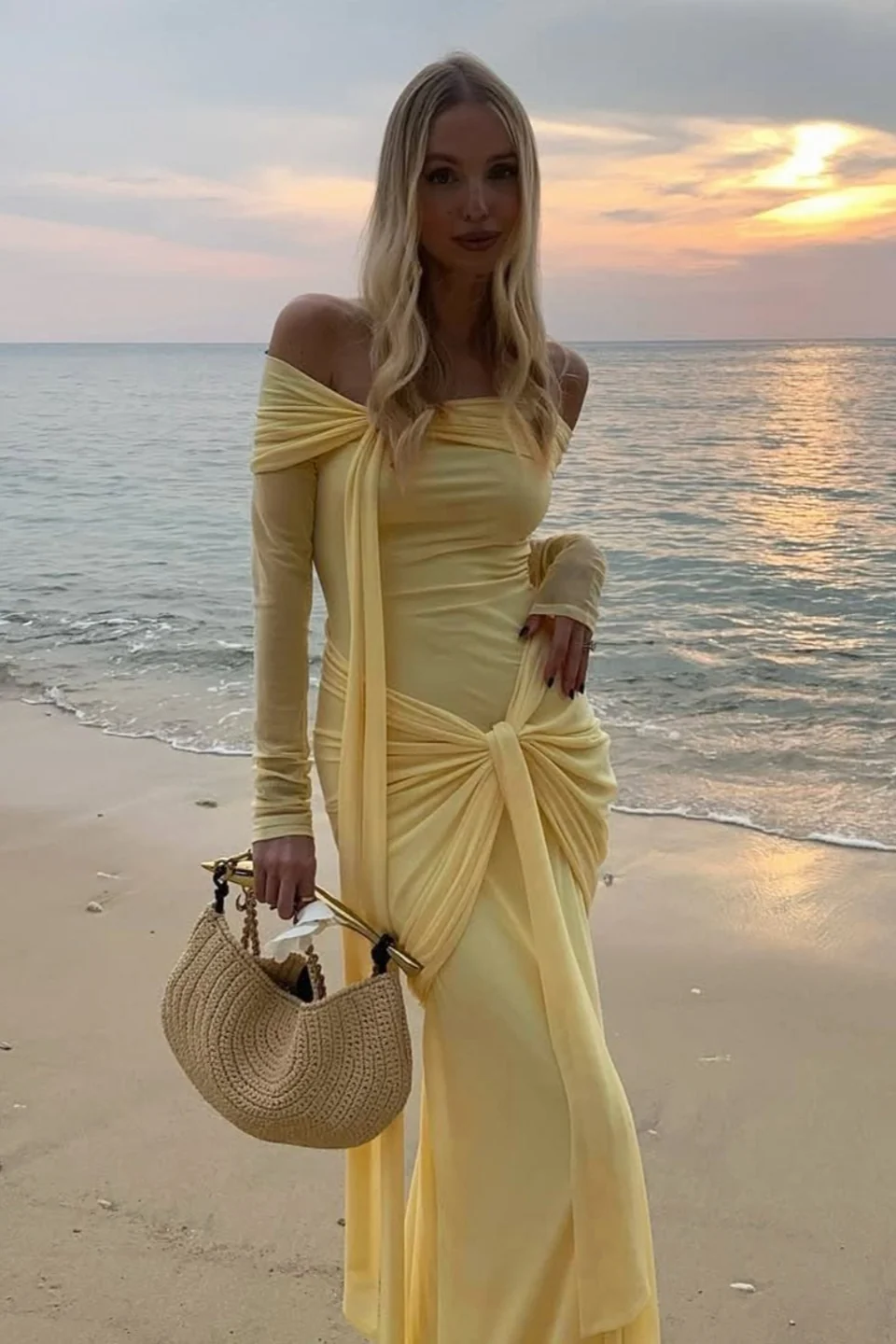 Off Shoulder Long Sleeve Solid Tie Bodycon Maxi Dress