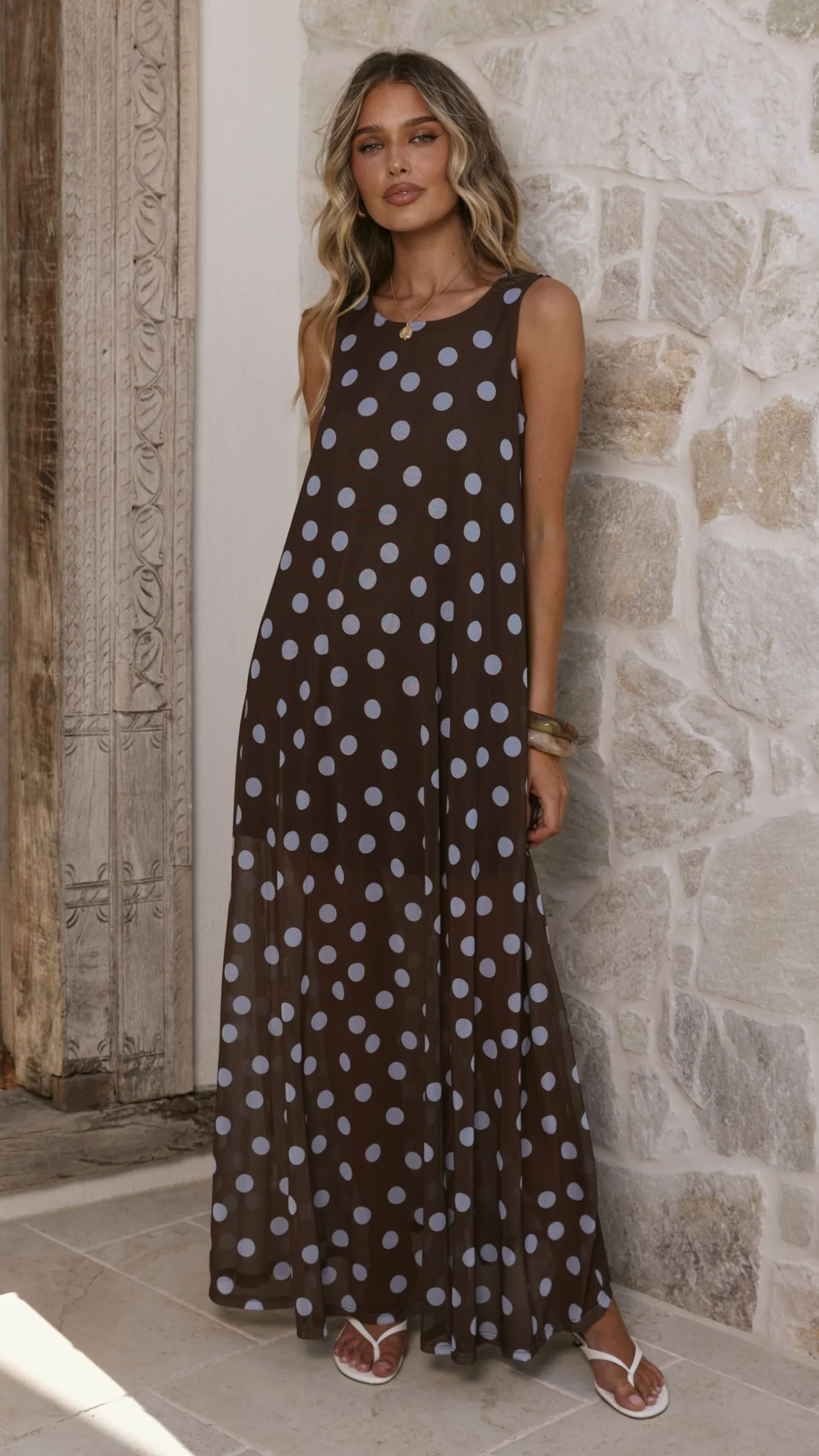 Amryn Maxi Dress - Choc/Blue Polka Dot