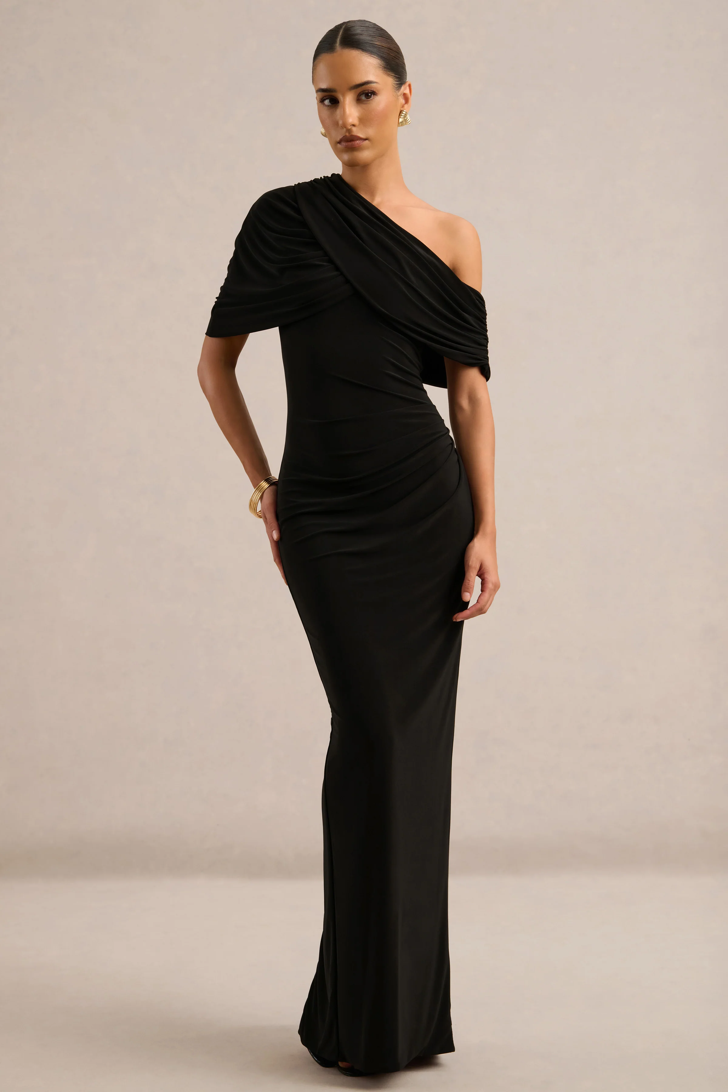 Solenne | Black Jersey One Shoulder Short Sleeve Maxi Dress With Ruching