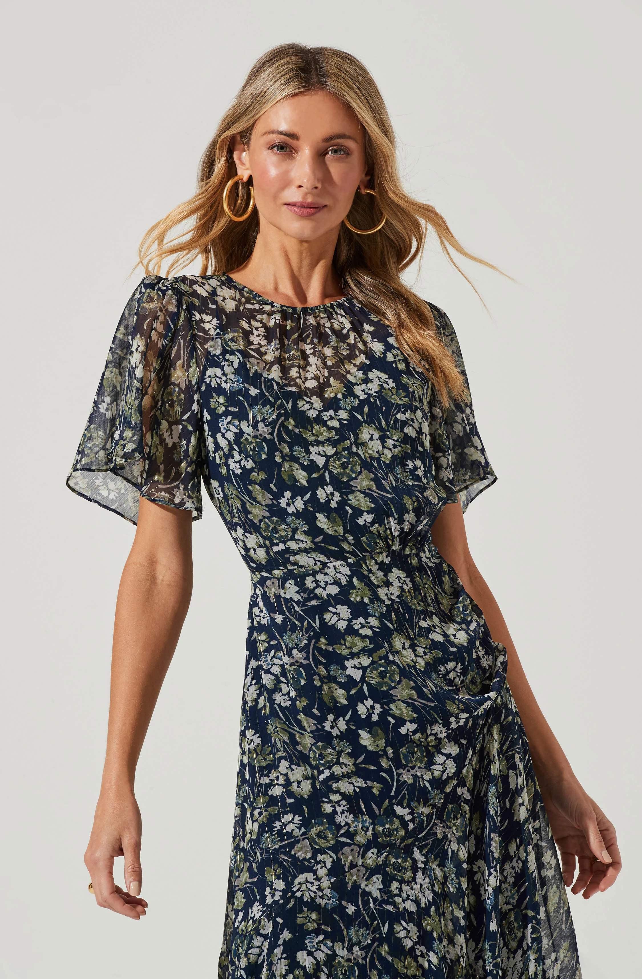 Flutter Sleeve Floral Asymmetric Maxi Dress