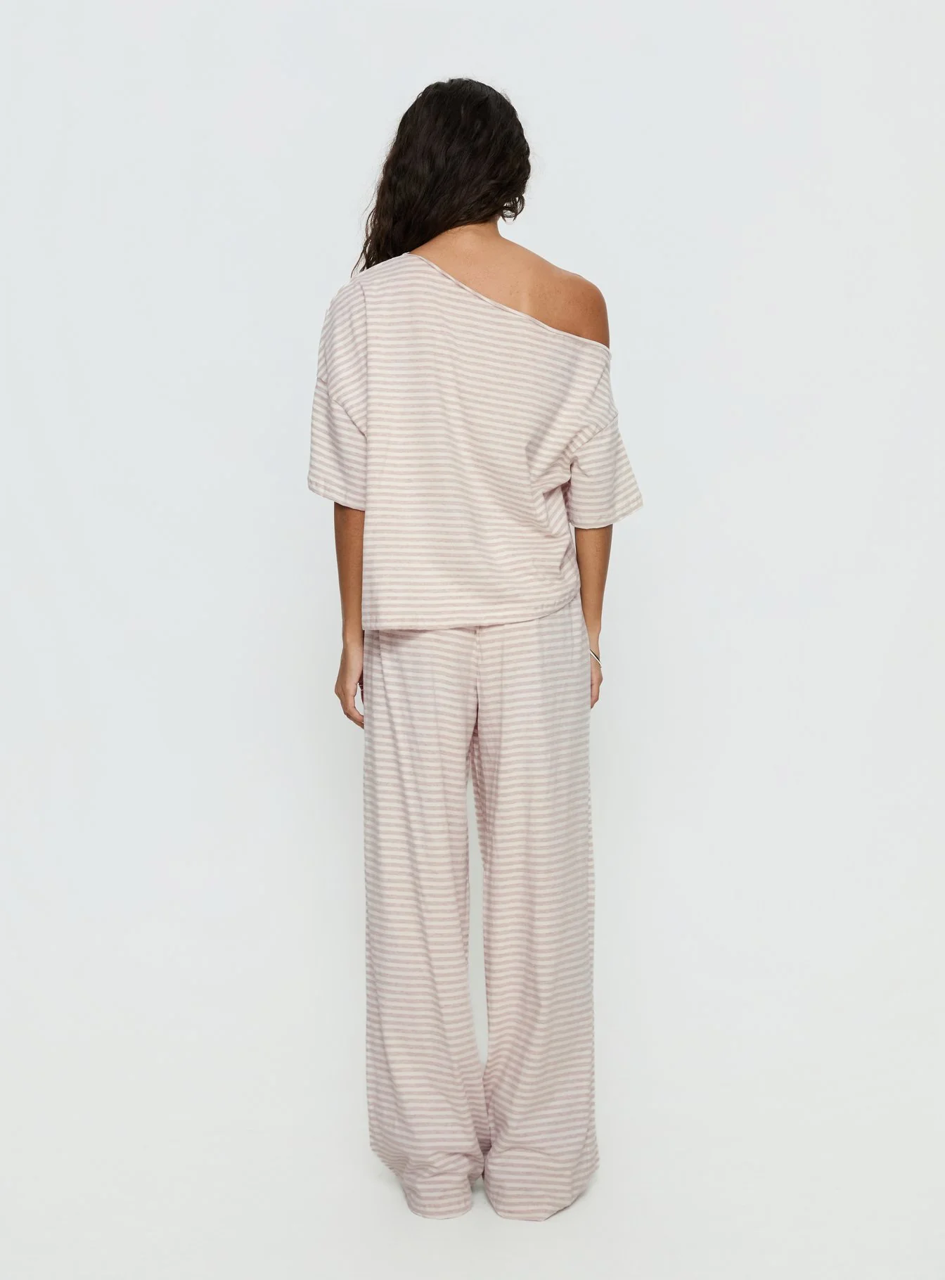 Tobie Off Shoulder Sleep Set Beige Stripe