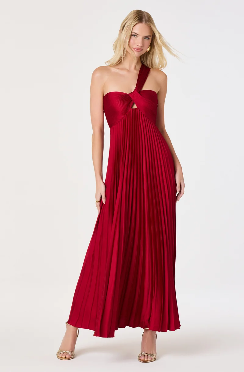 Rasya One-Shoulder Pleated Maxi Dress - Wine