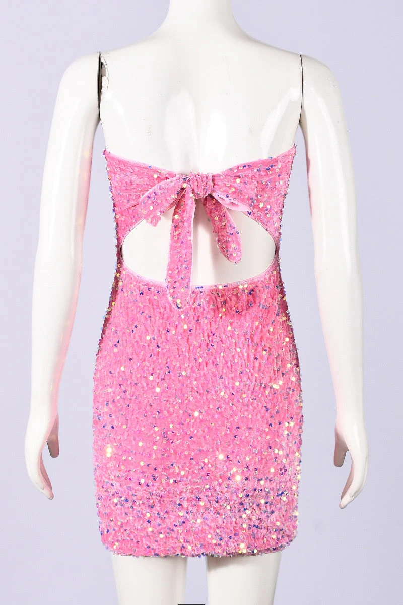 Strapless Pink Sequin Fitted Short Dress
