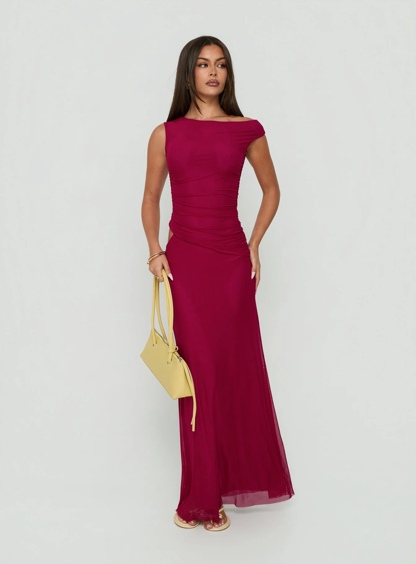 Krystyna Off Shoulder Ruched Mesh Maxi Dress Berry