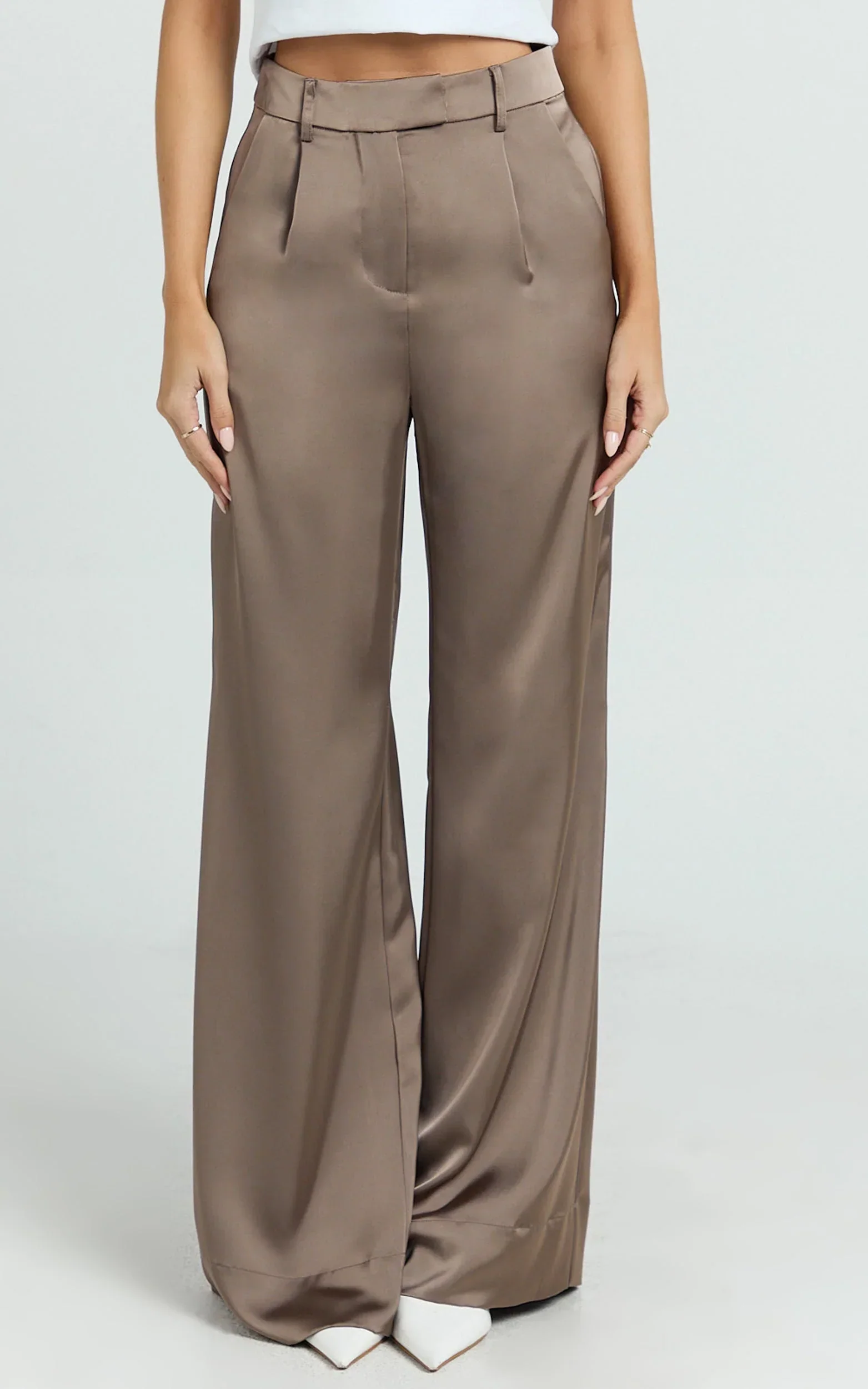 Cade Pants - Mid Waisted Front Pleat Satin Wide Leg Pants in Taupe