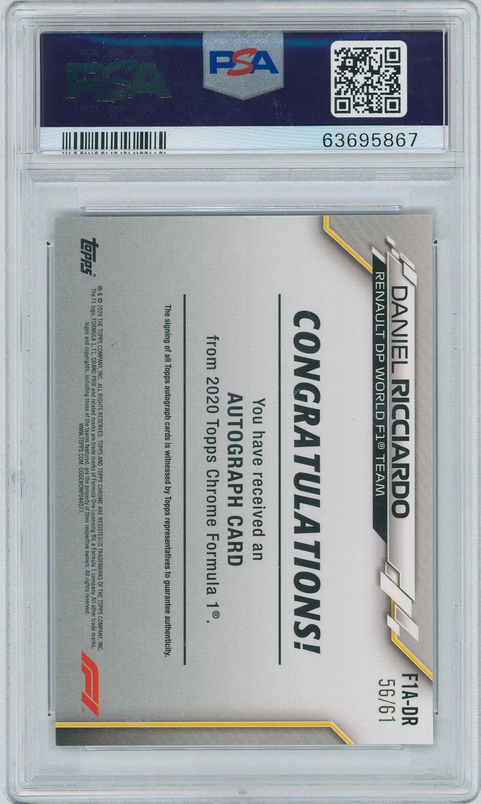 2020 Topps Formula 1 Chrome # FIA-DR Daniel Ricciardo 56/61 Auto PSA 8