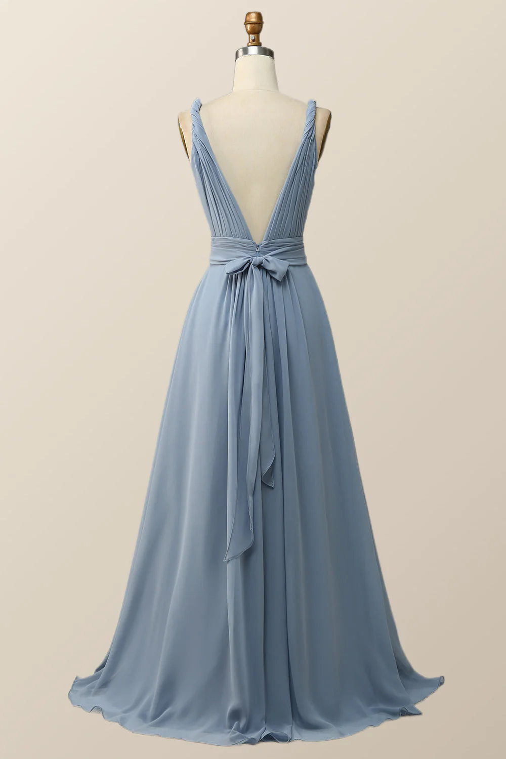 Twisted Straps Blue Chiffon A-line Long Bridesmaid Dress