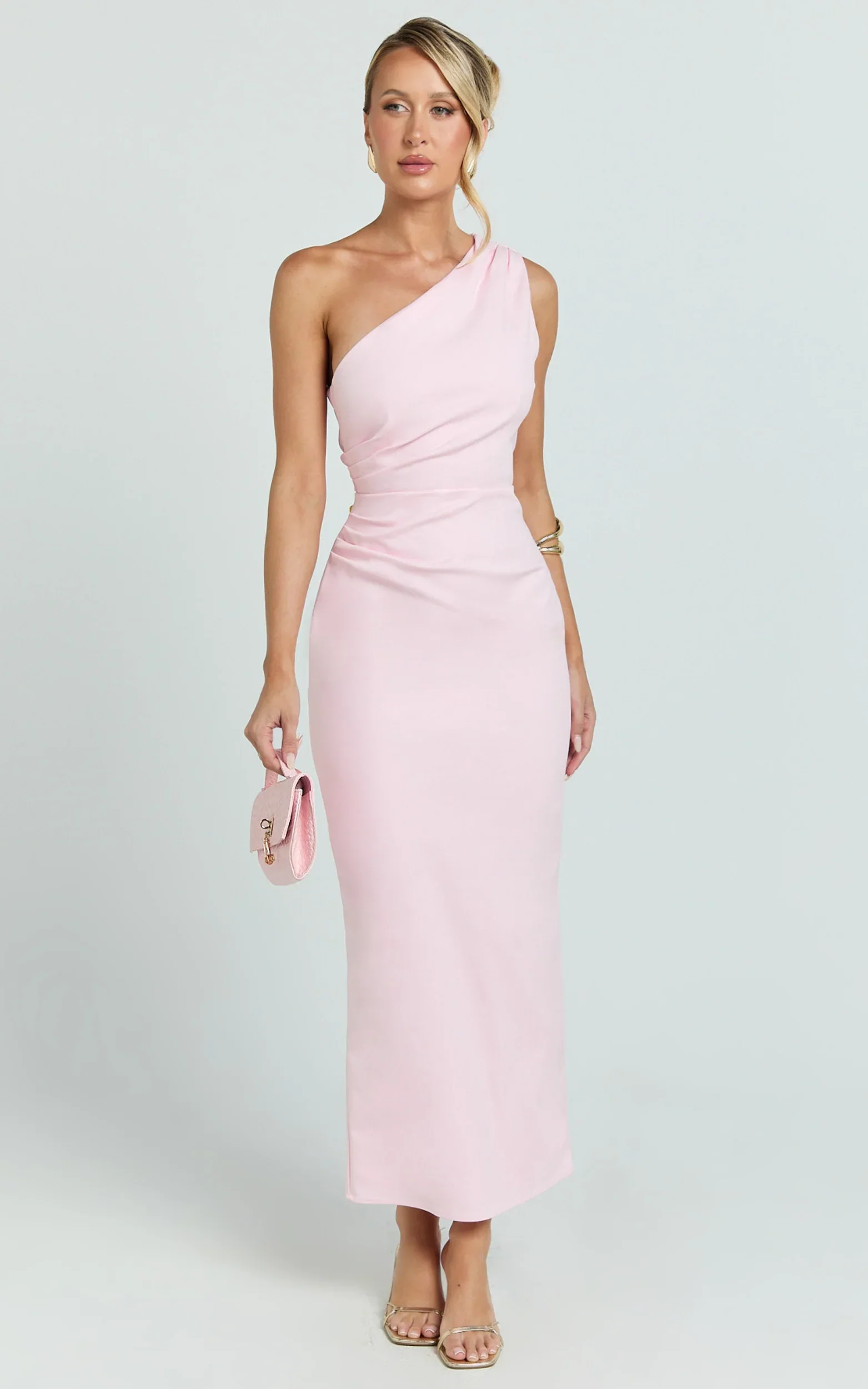Karlie Midi Dress - One Shoulder Fitted Dress in Pink