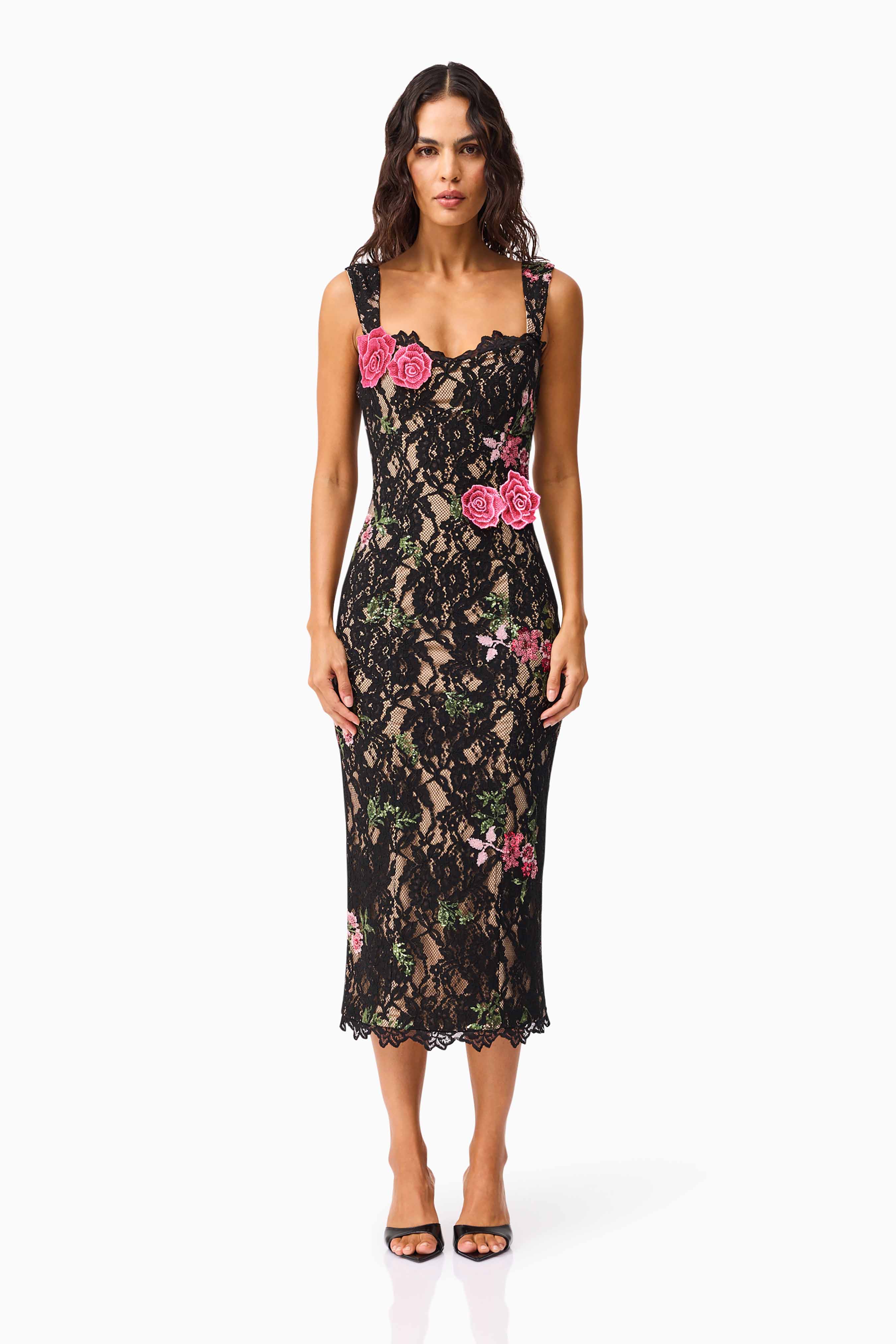 Morgaine Lace Midi Dress in Black