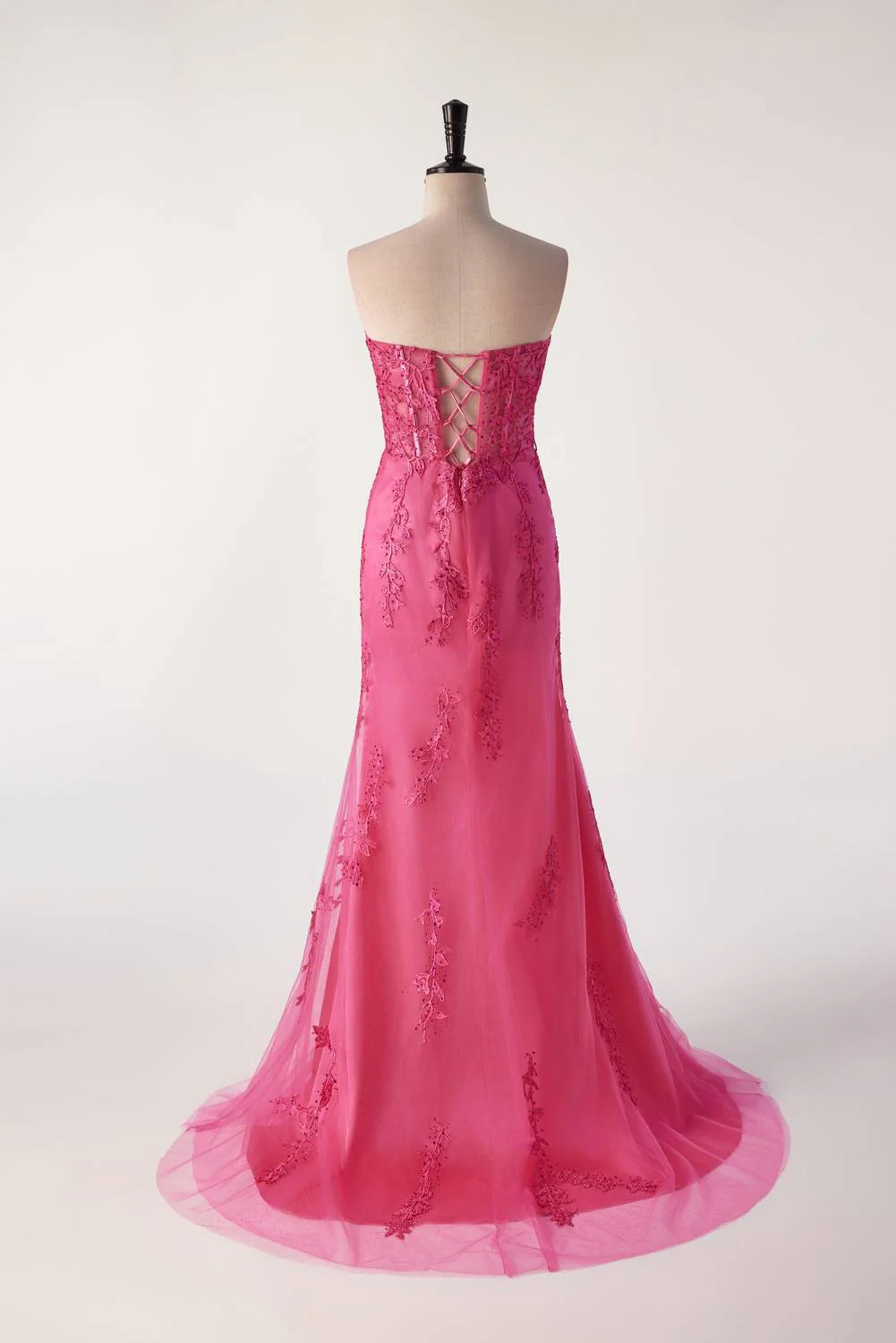 Hot Pink Lace Appliques Mermaid Long Formal Gown