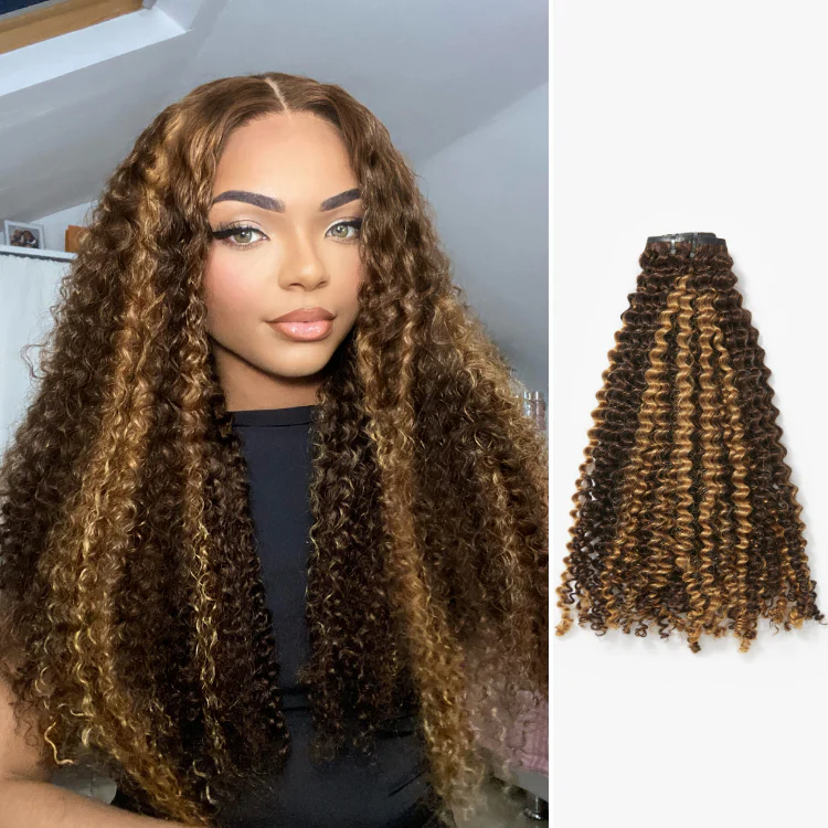 Seamless Brown Highlights Kinky Curly Clip in Hair Extensions 135g 9pcs / 7pcs with Free Gift