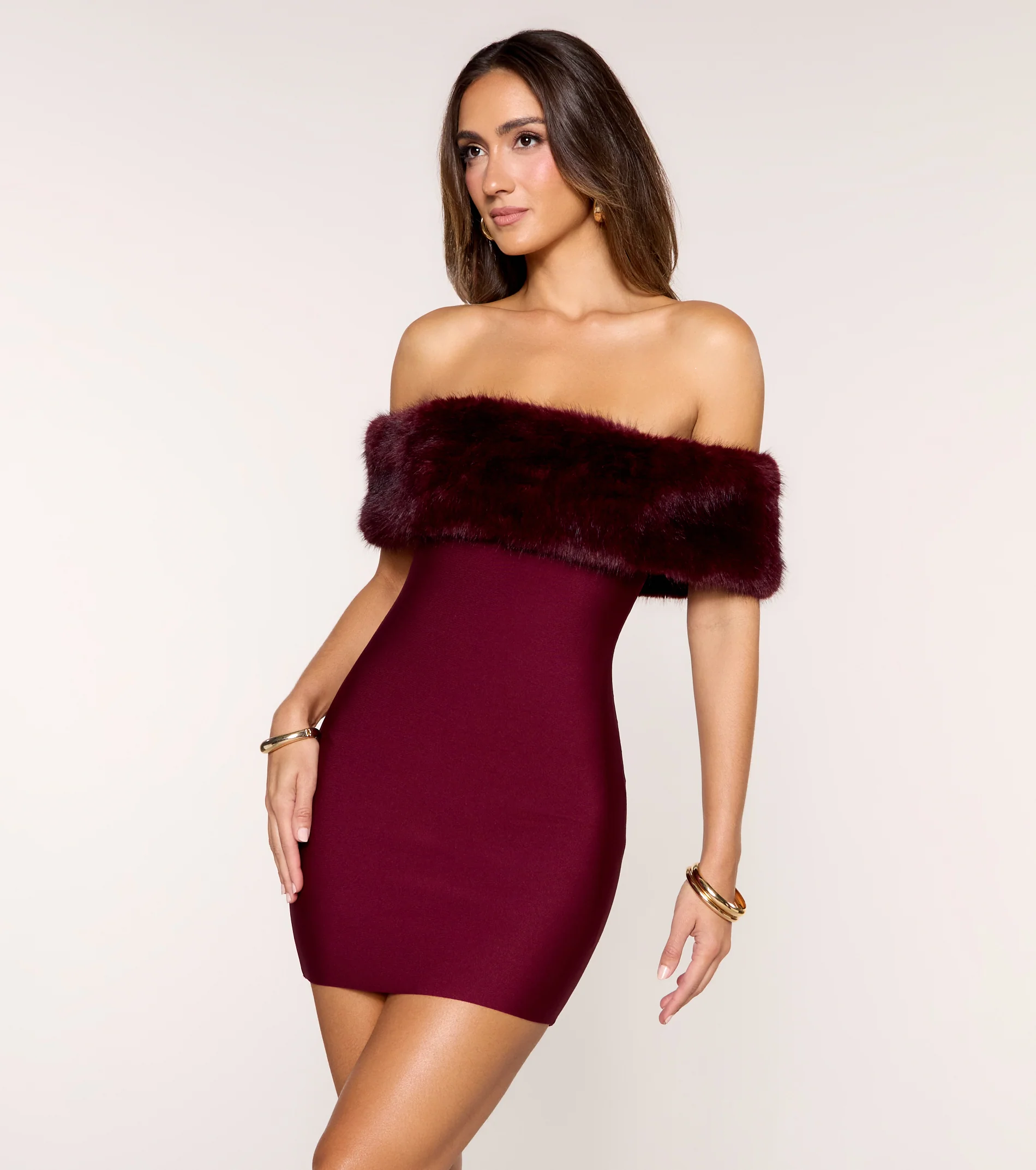 Adelina Faux Fur Off-The-Shoulder Mini Bandage Dress