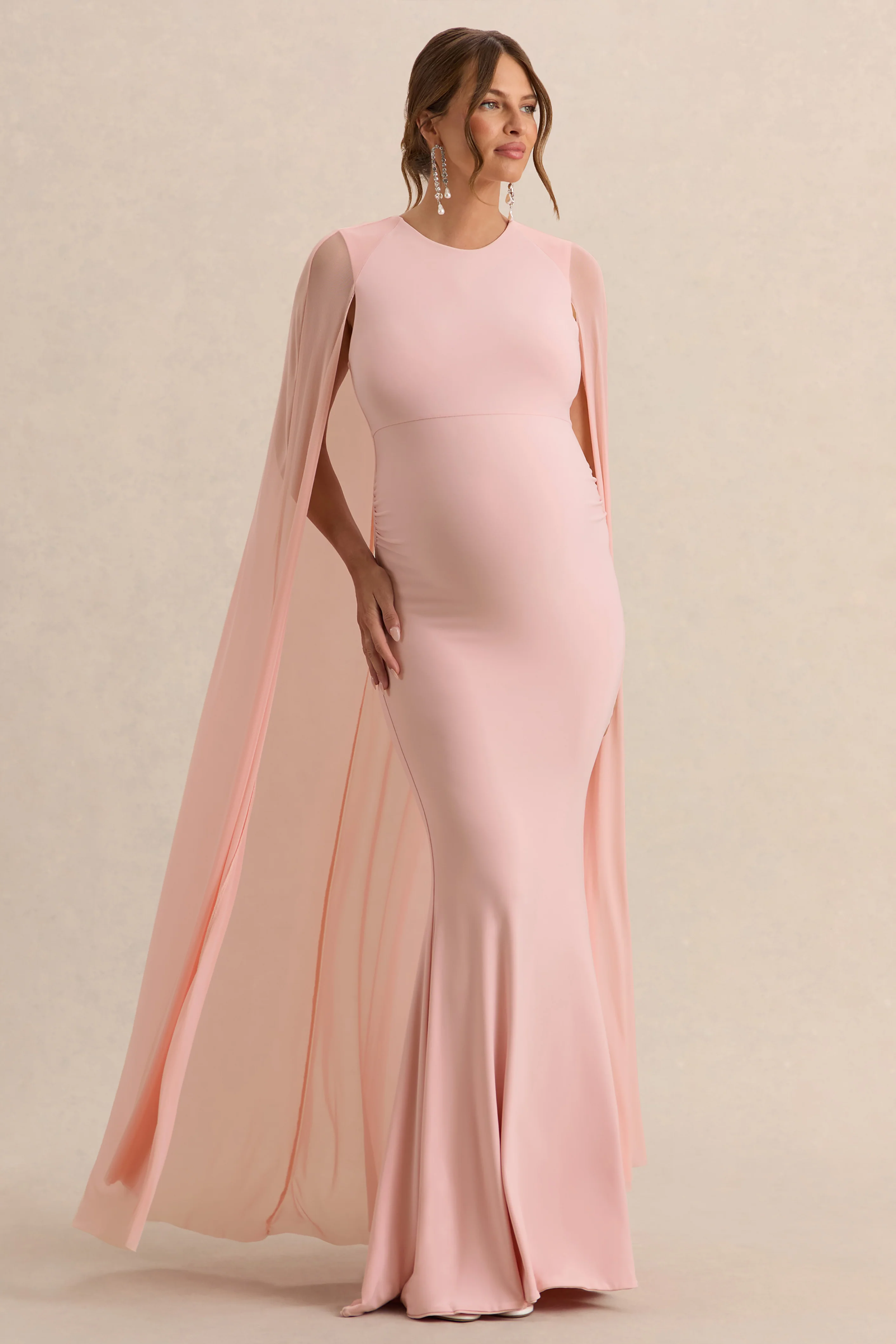 Currant | Pink Crew-Neck Maternity Maxi Dress With Cape