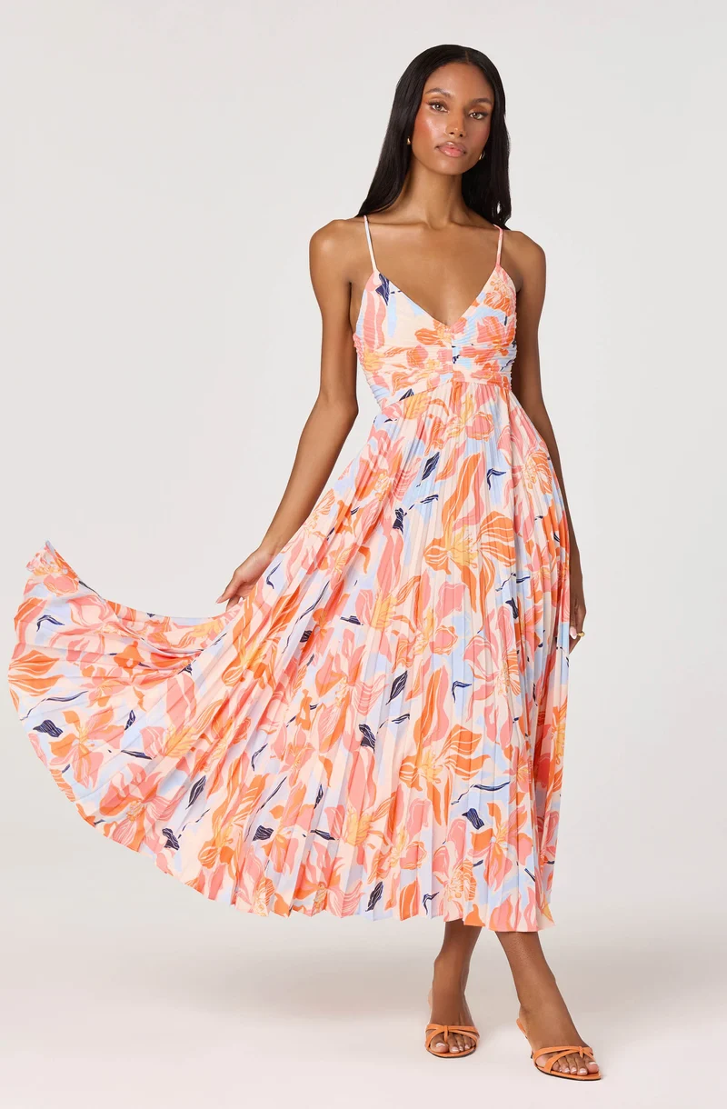 Blythe Floral Plisse Midi Dress-Orange blue floral
