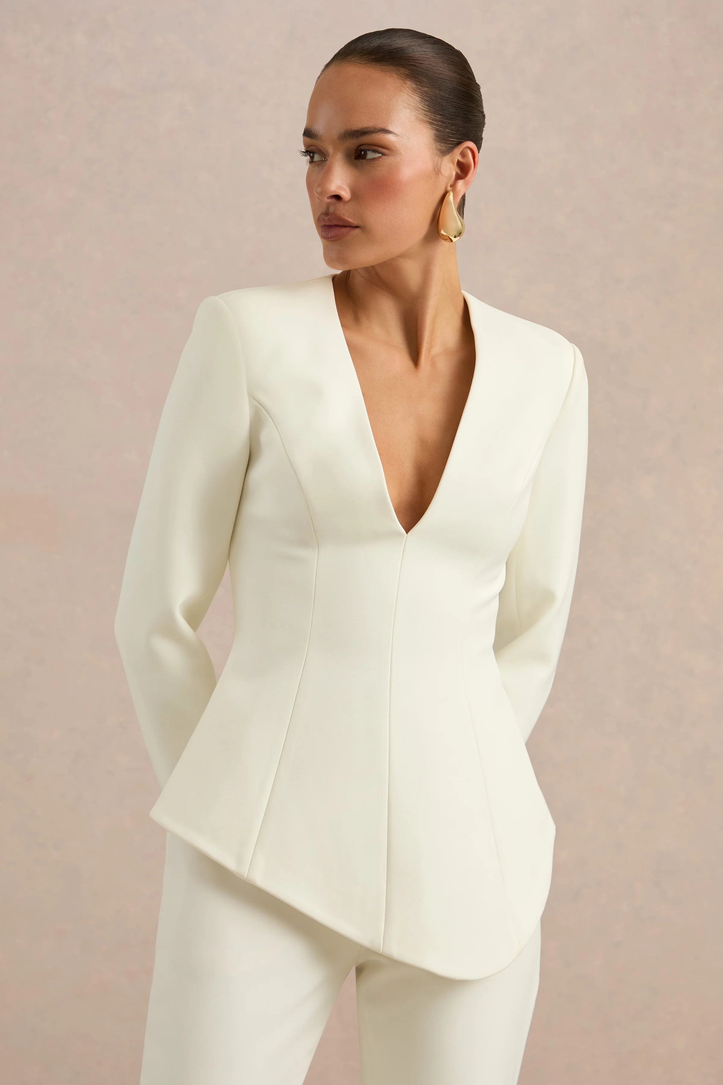 Ysabel | Cream Plunge Tailored Long Sleeve Top