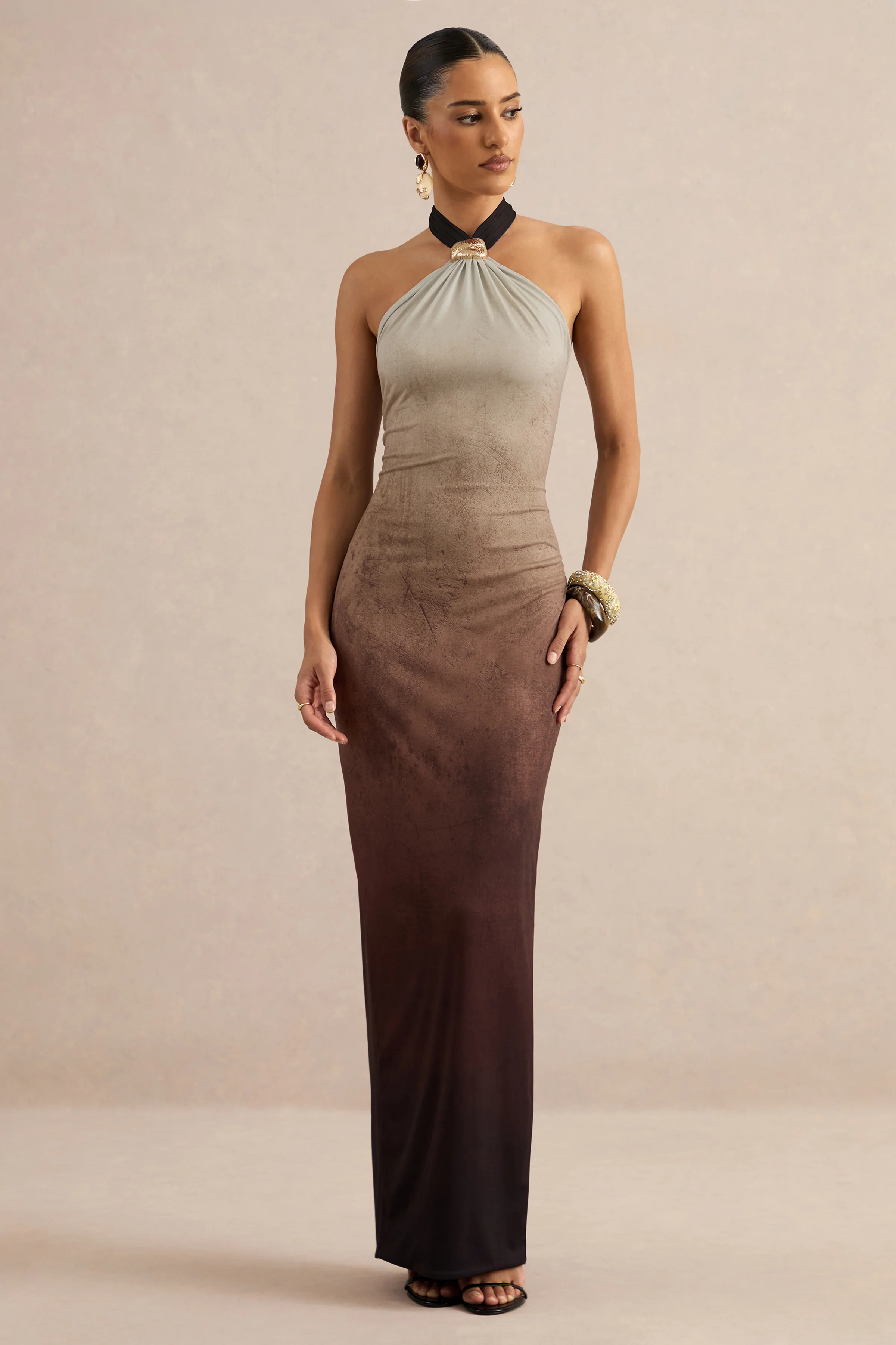 Thera | Brown Ombre Print Jersey Halter Maxi Dress With Gold Trim Detailing And Back Split