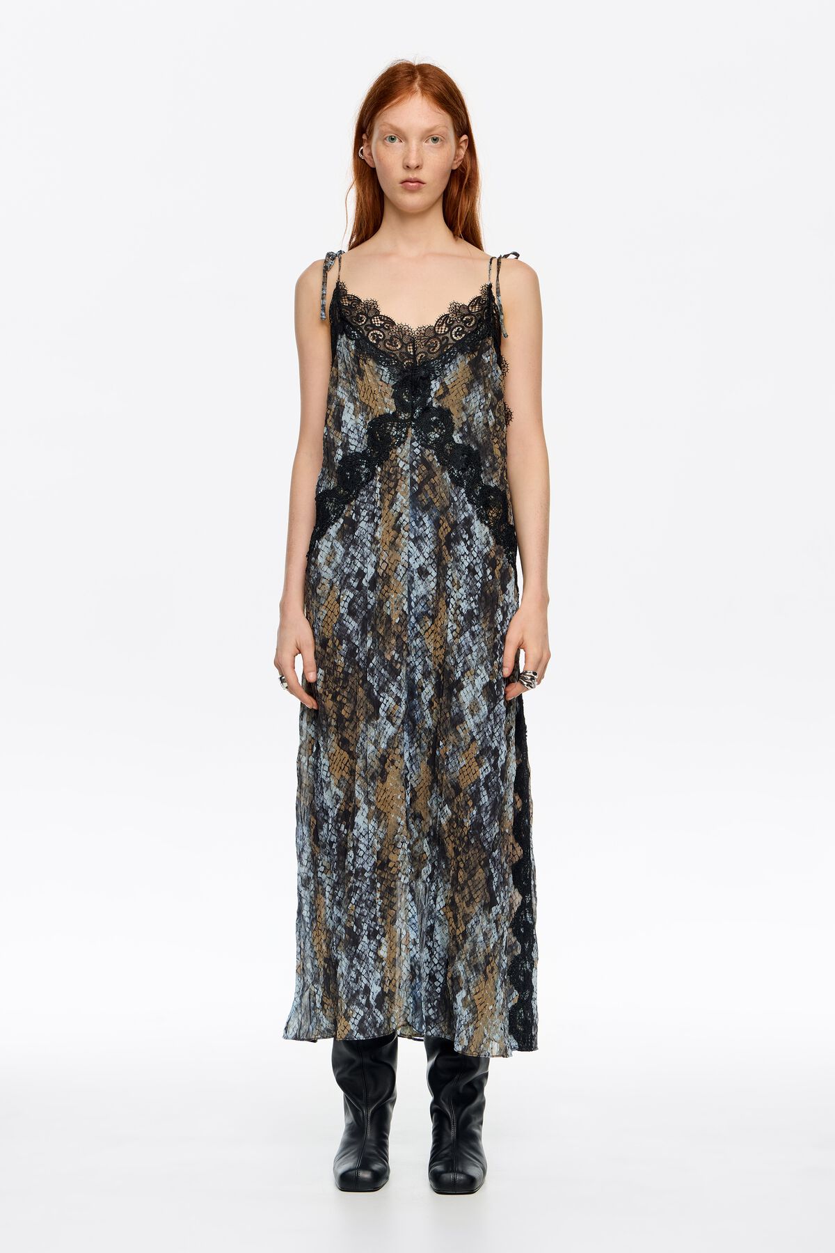 Khaki Snake pleated lace dress