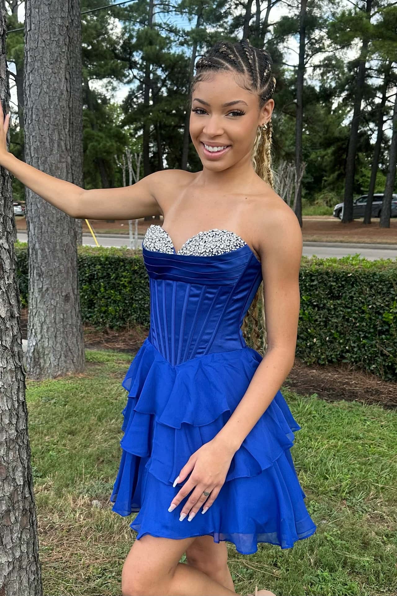 Beaded Neck Red Tiered A-line Short Dress