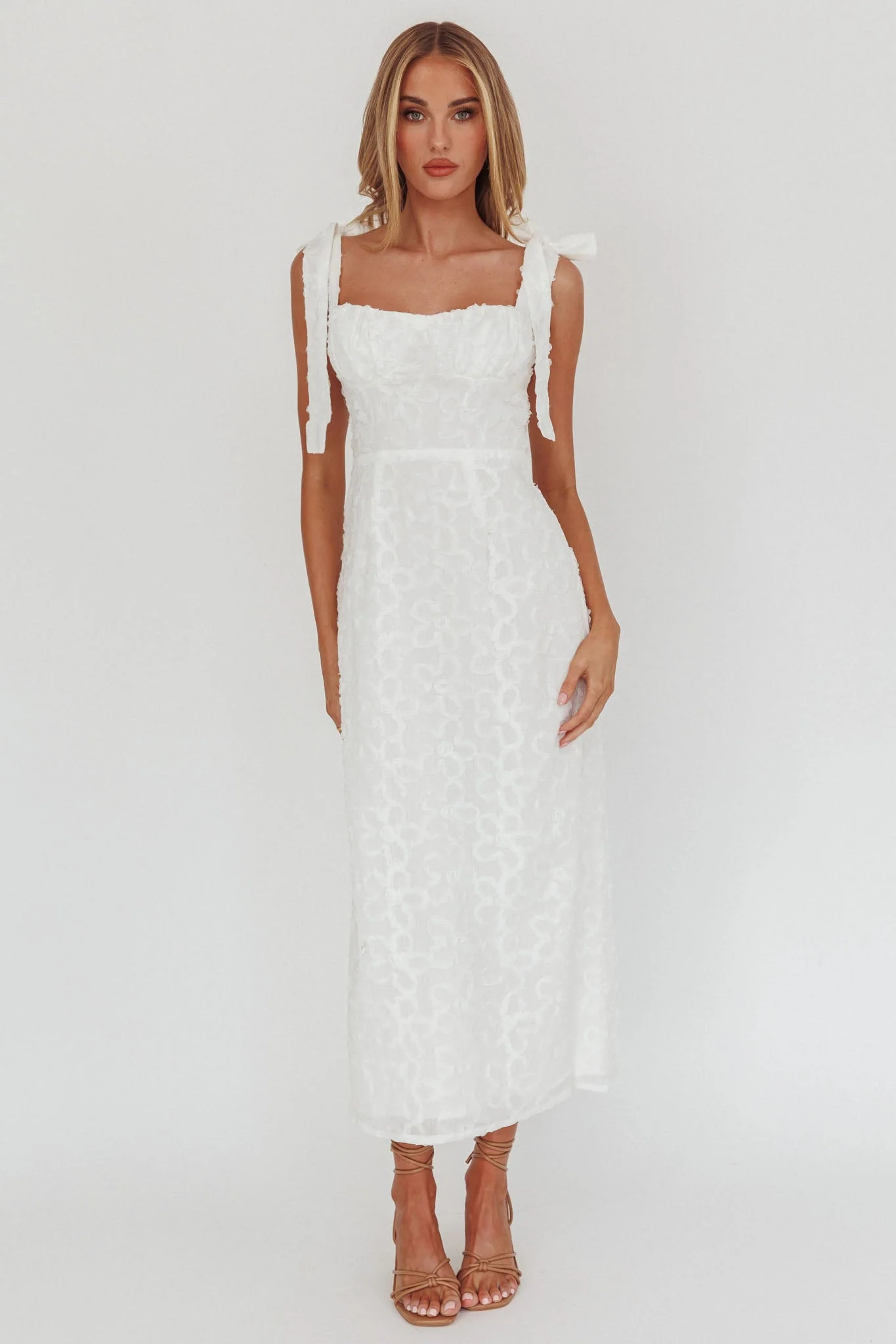 Cupid Tied Shoulder Embellished Midi Dress White