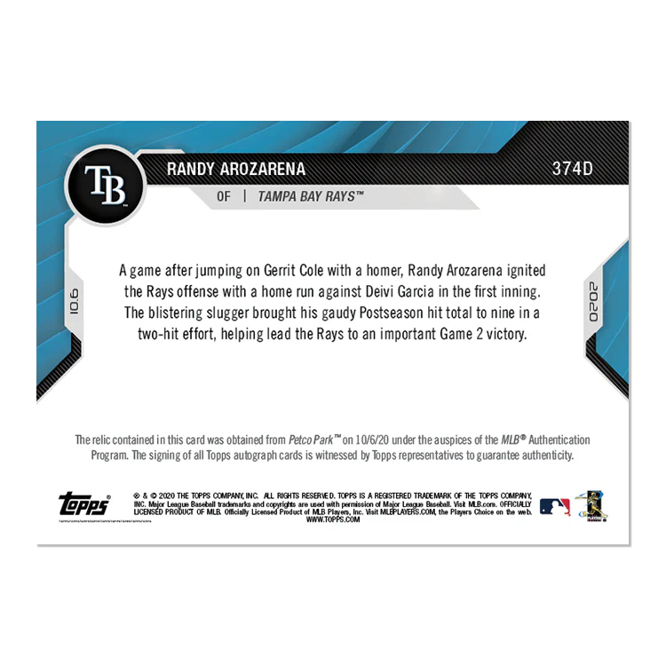 On-Card Auto-Relic # to 1 - Randy Arozarena - MLB TOPPS NOW® Card 374D