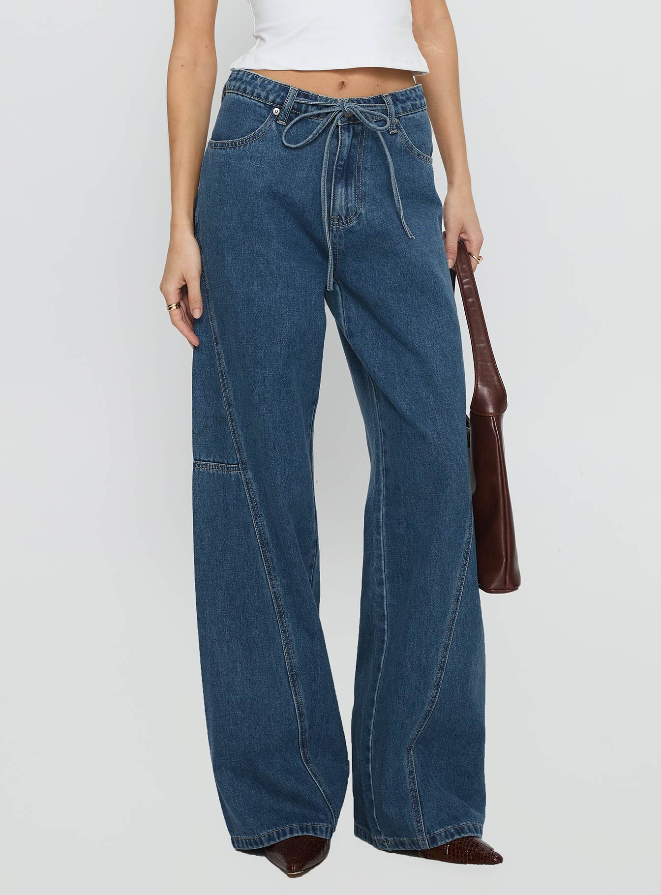 Bruiser Tie Waist Mid Rise Wide Leg Jeans Mid Blue Wash