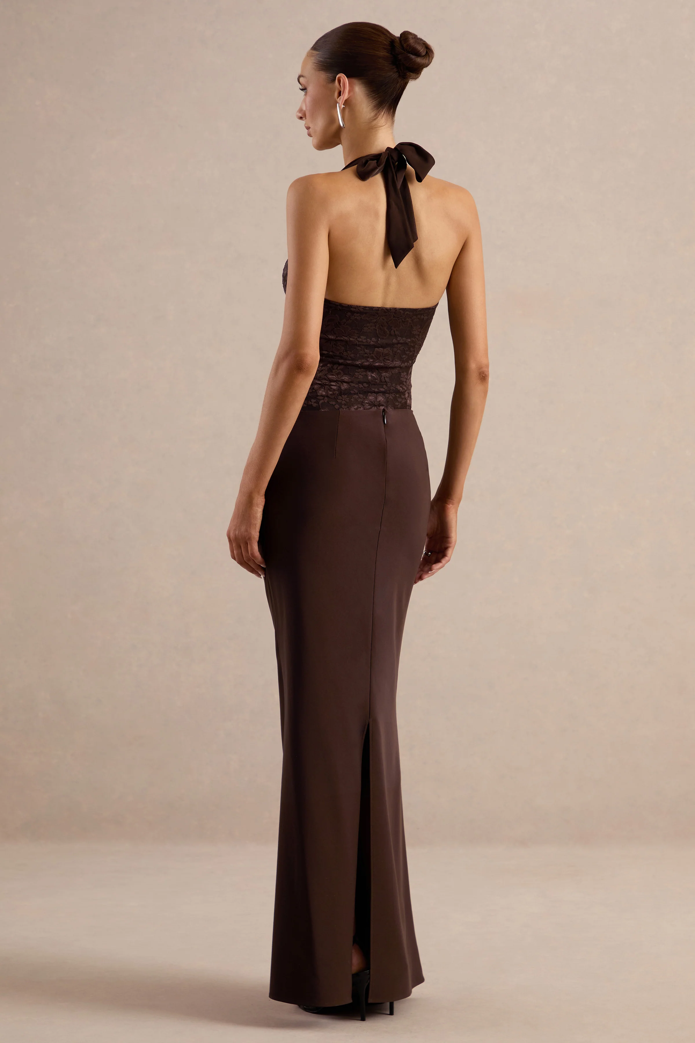 Sylisse | Dark Brown Satin Mid Rise Maxi Skirt With Draped Detailing And Back Split