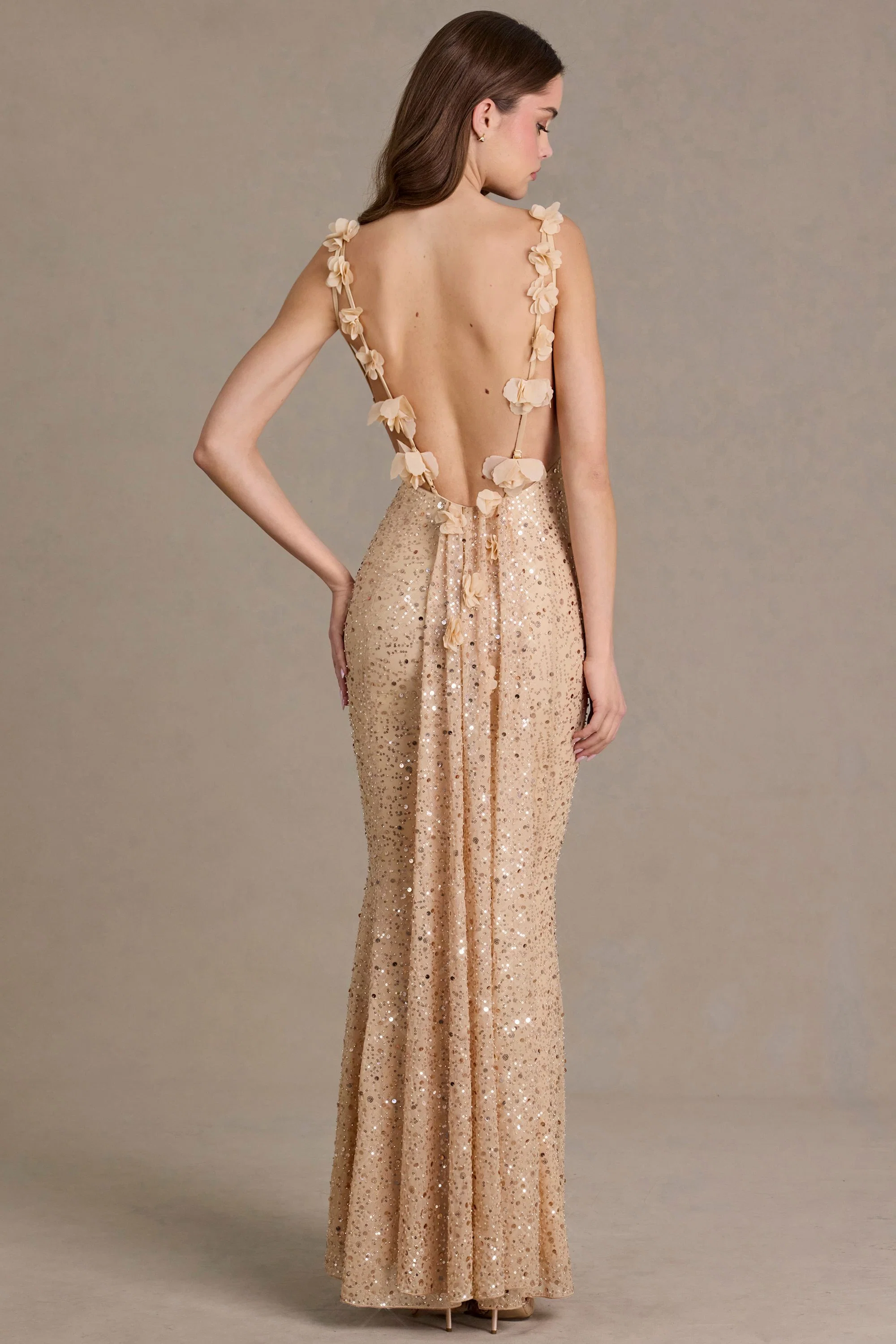 Embellished Open-Back Maxi Dress in Gold