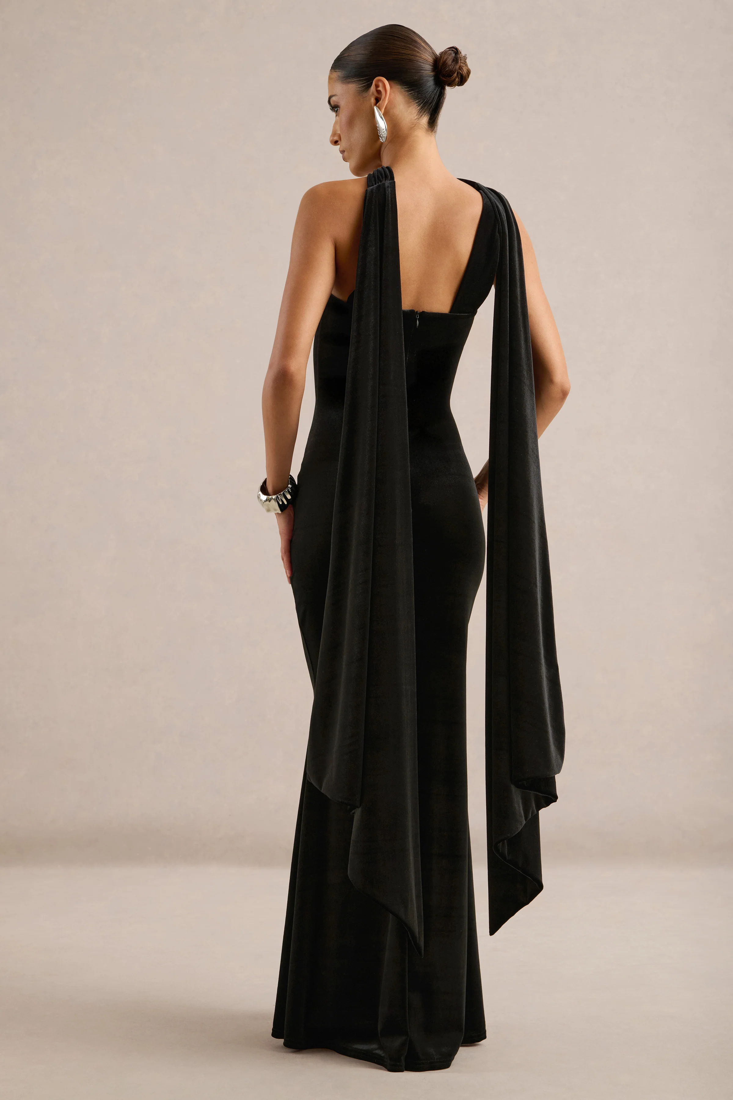 Vesperine | Black Velvet Bandeau Maxi Dress With Back Split And Scarf Detail
