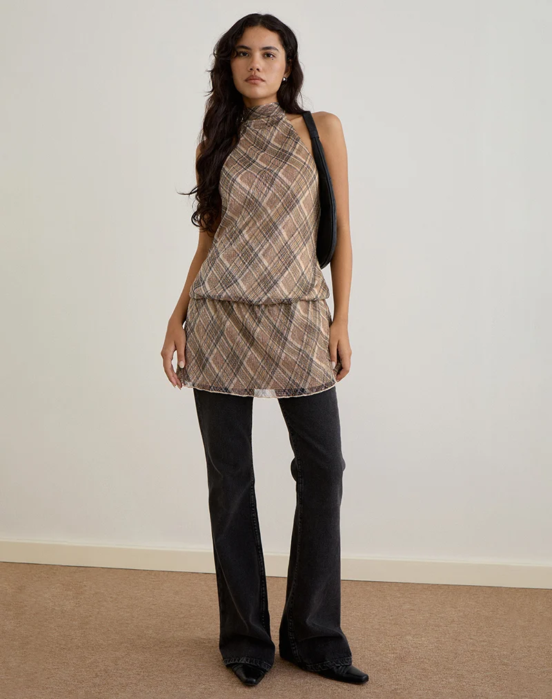 Briani Halterneck Dress in Check Plisse Brown