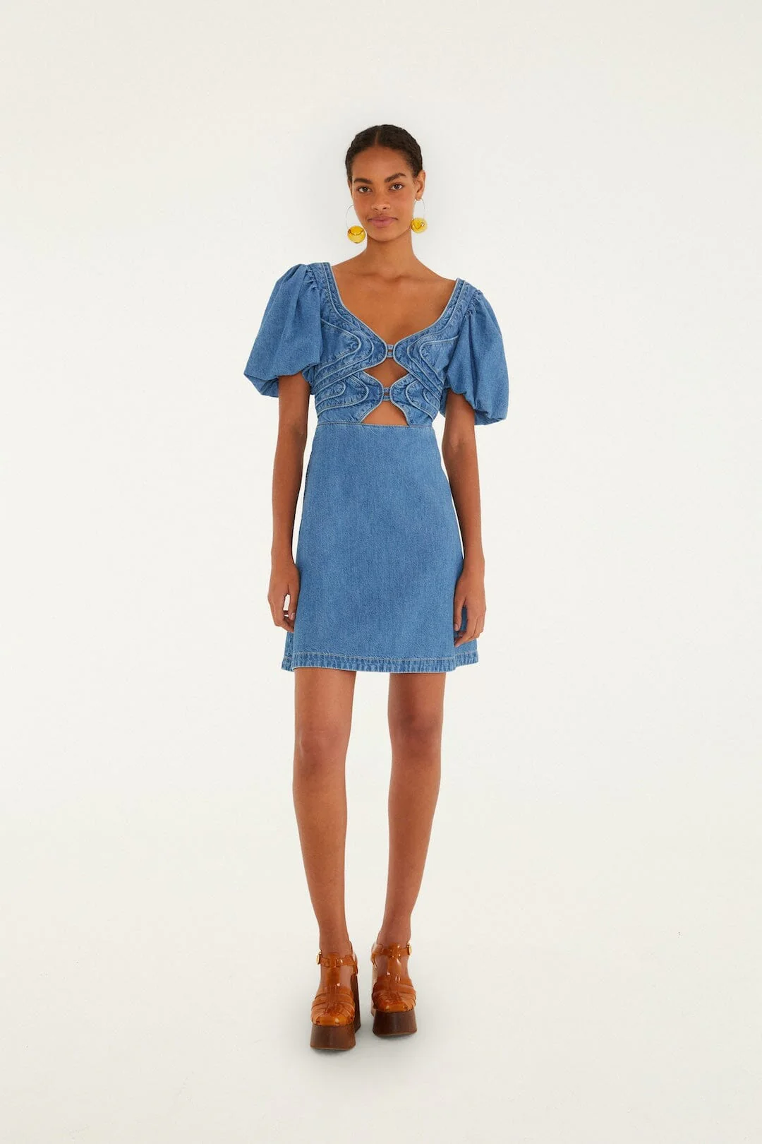 Denim Wavy Cut-Out Puff Sleeve Mini Dress