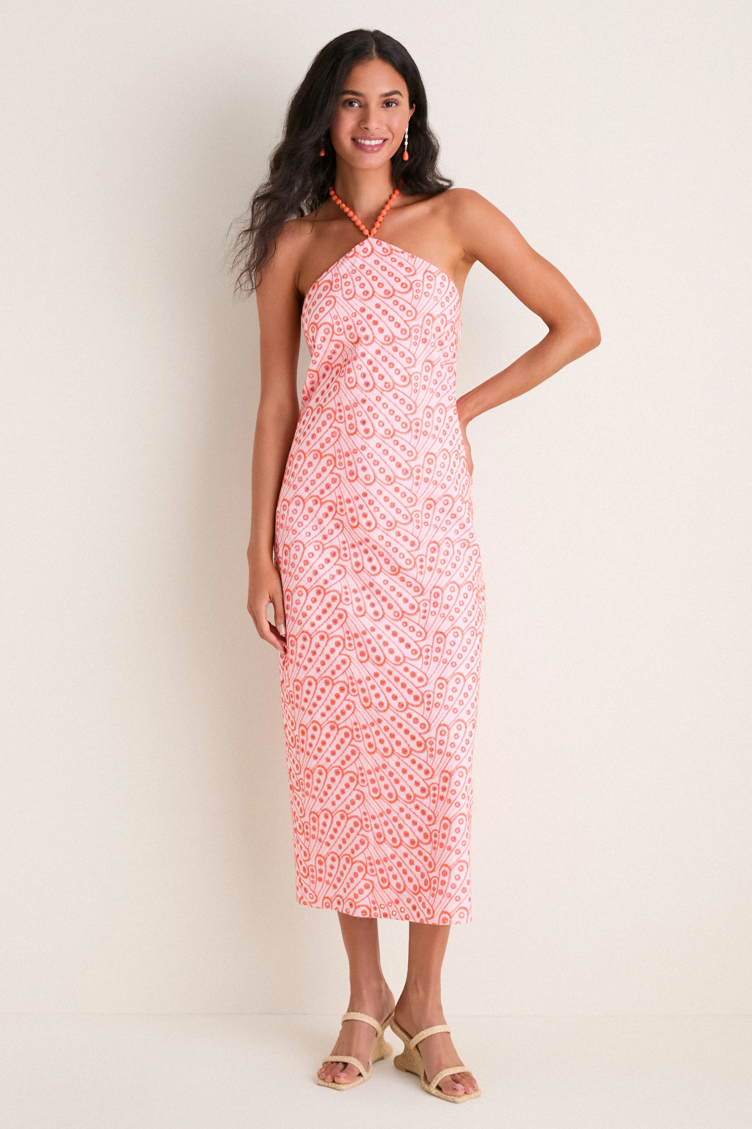 Light Pink & Orange Eyelet Hailey Halter Midi Dress