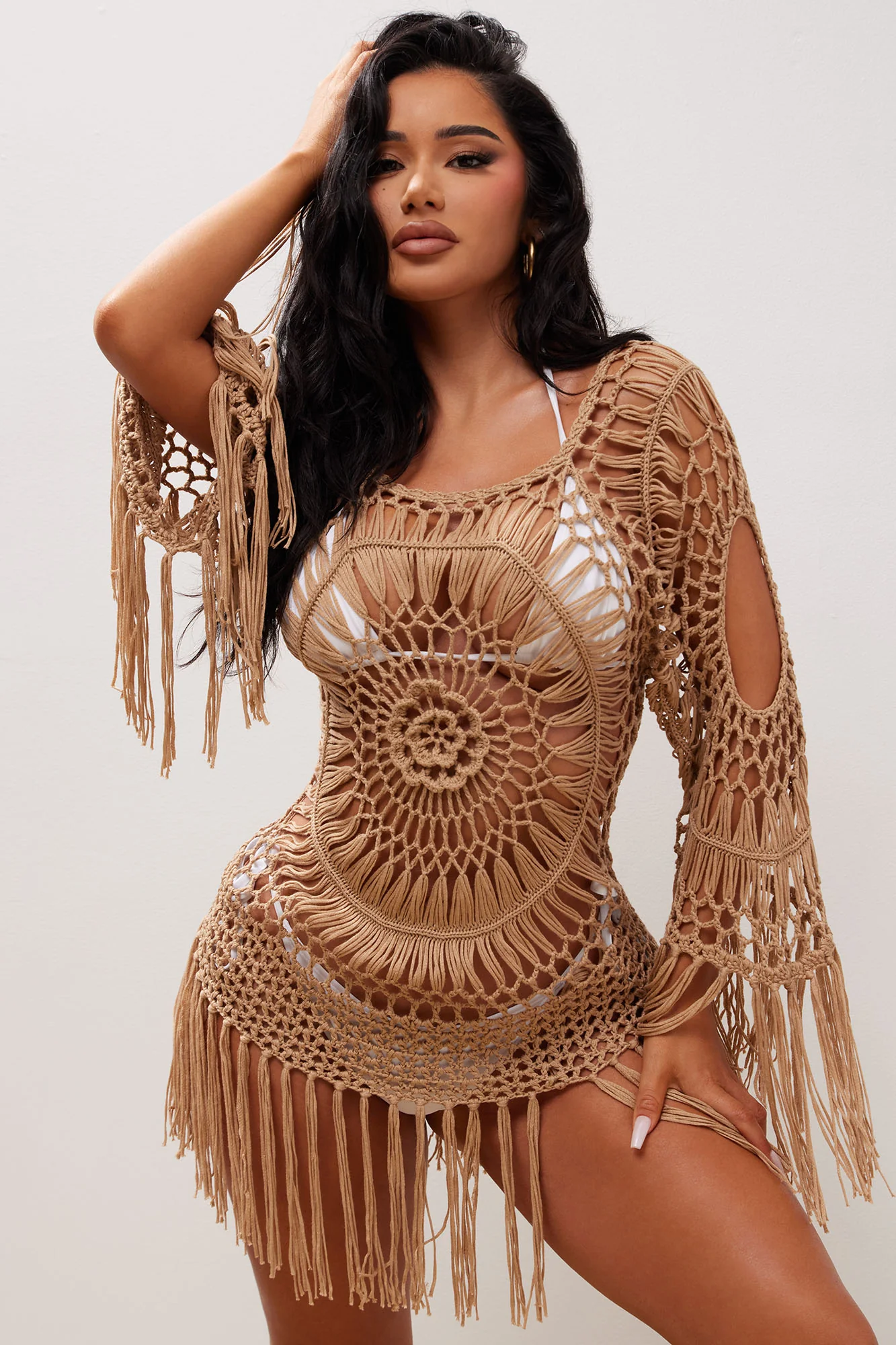 Vibes Crochet Long Sleeved Coverup - Taupe