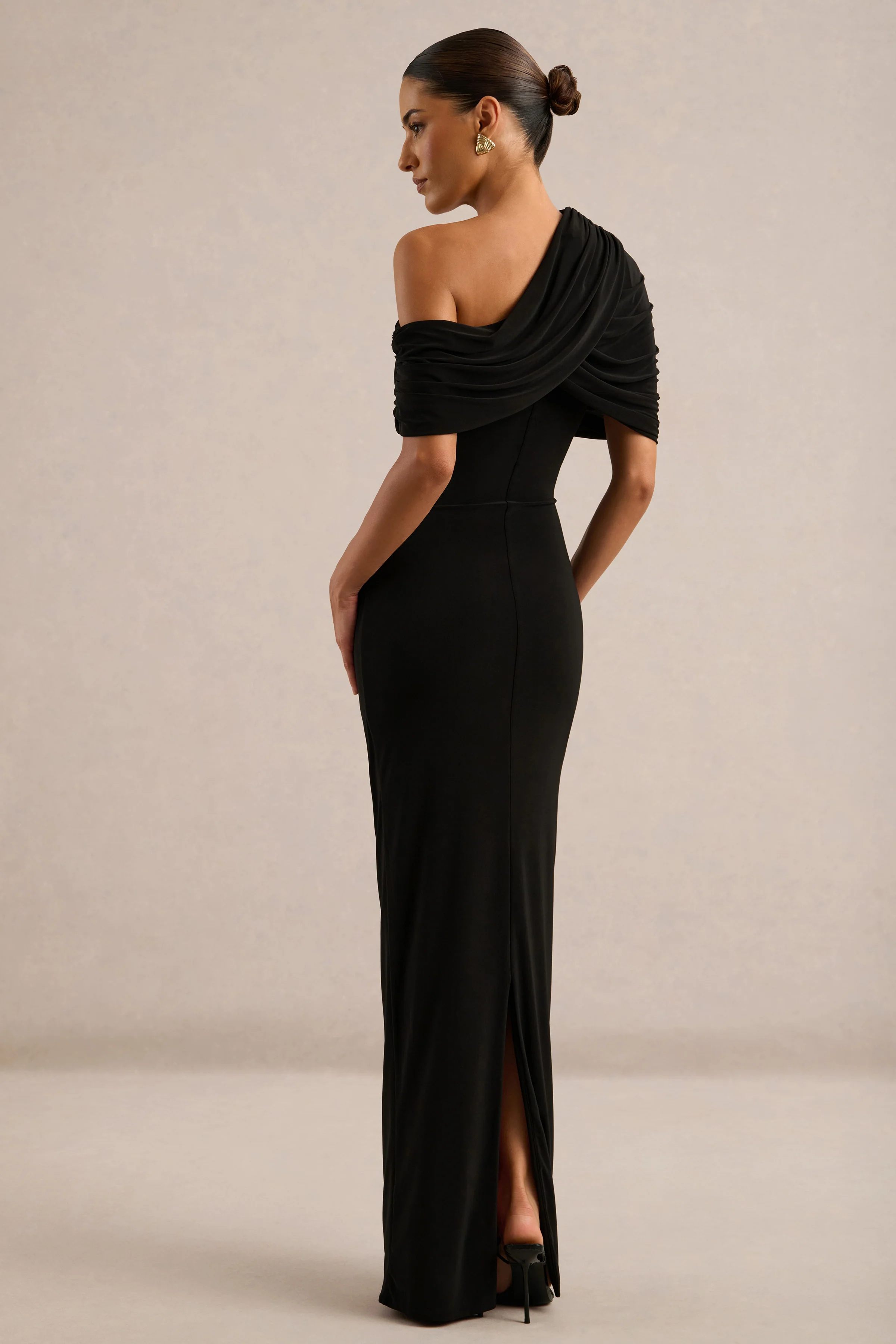 Solenne | Black Jersey One Shoulder Short Sleeve Maxi Dress With Ruching