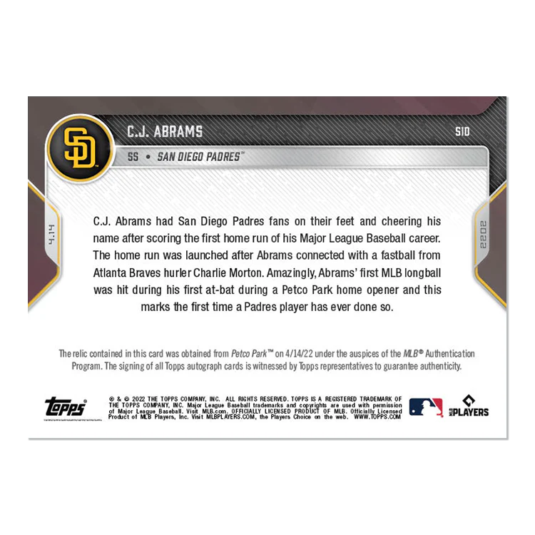 On-Card Auto-Relic # to 10 - C.J. Abrams - 2022 MLB TOPPS NOW® Card 51D