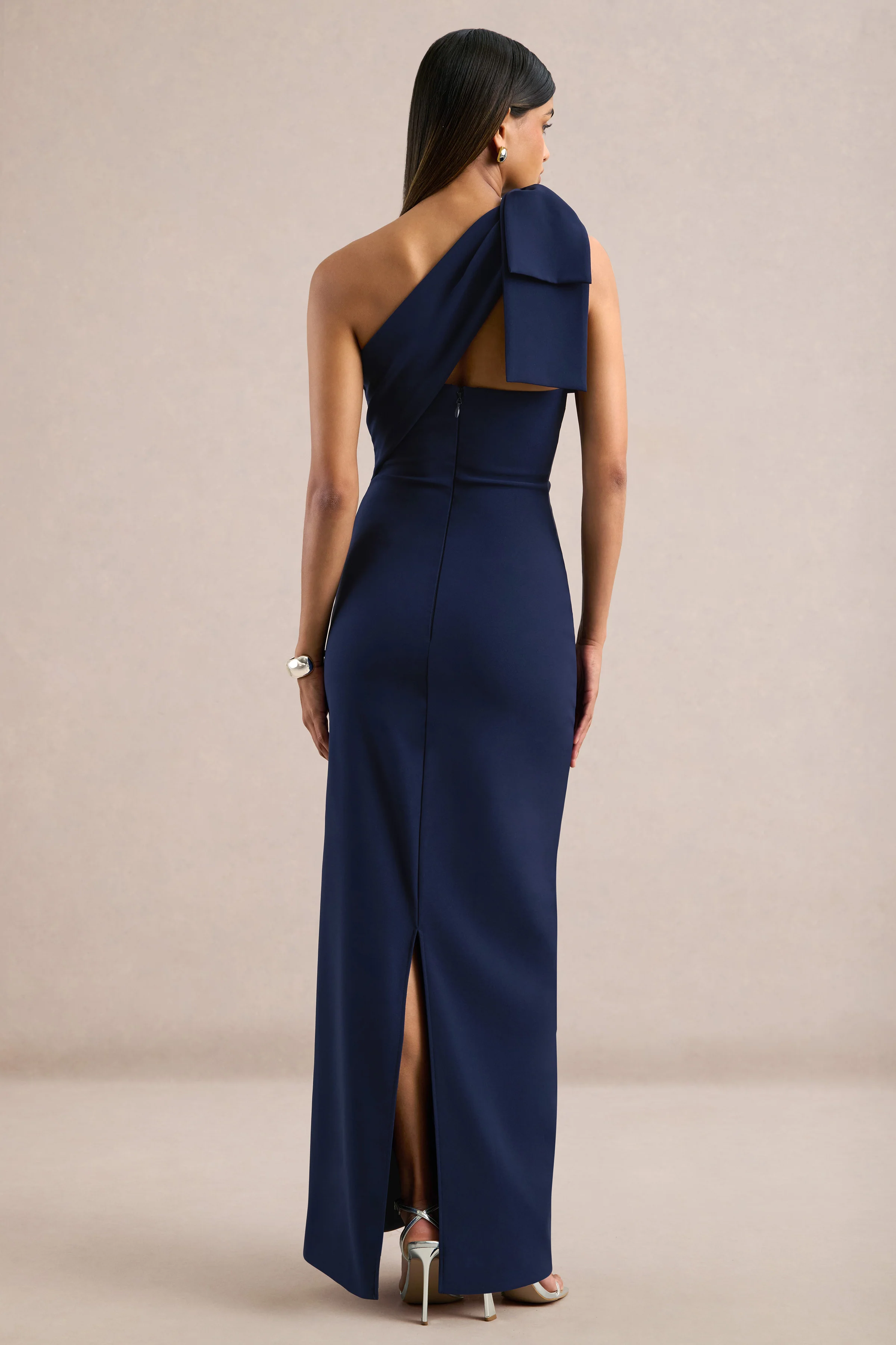 Adara | Navy One Shoulder Maxi Dress With Back Split and Bow Detail